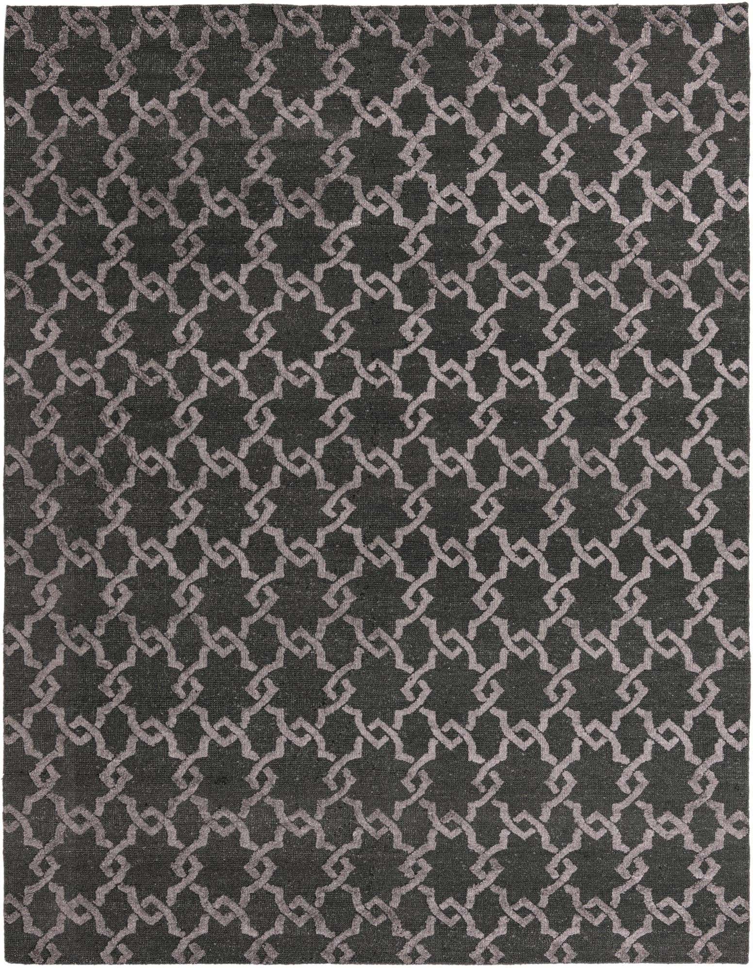 A 9x12 rectangular black modern rug with a repeating light grey geometric chain link pattern, suitable for a living room.
