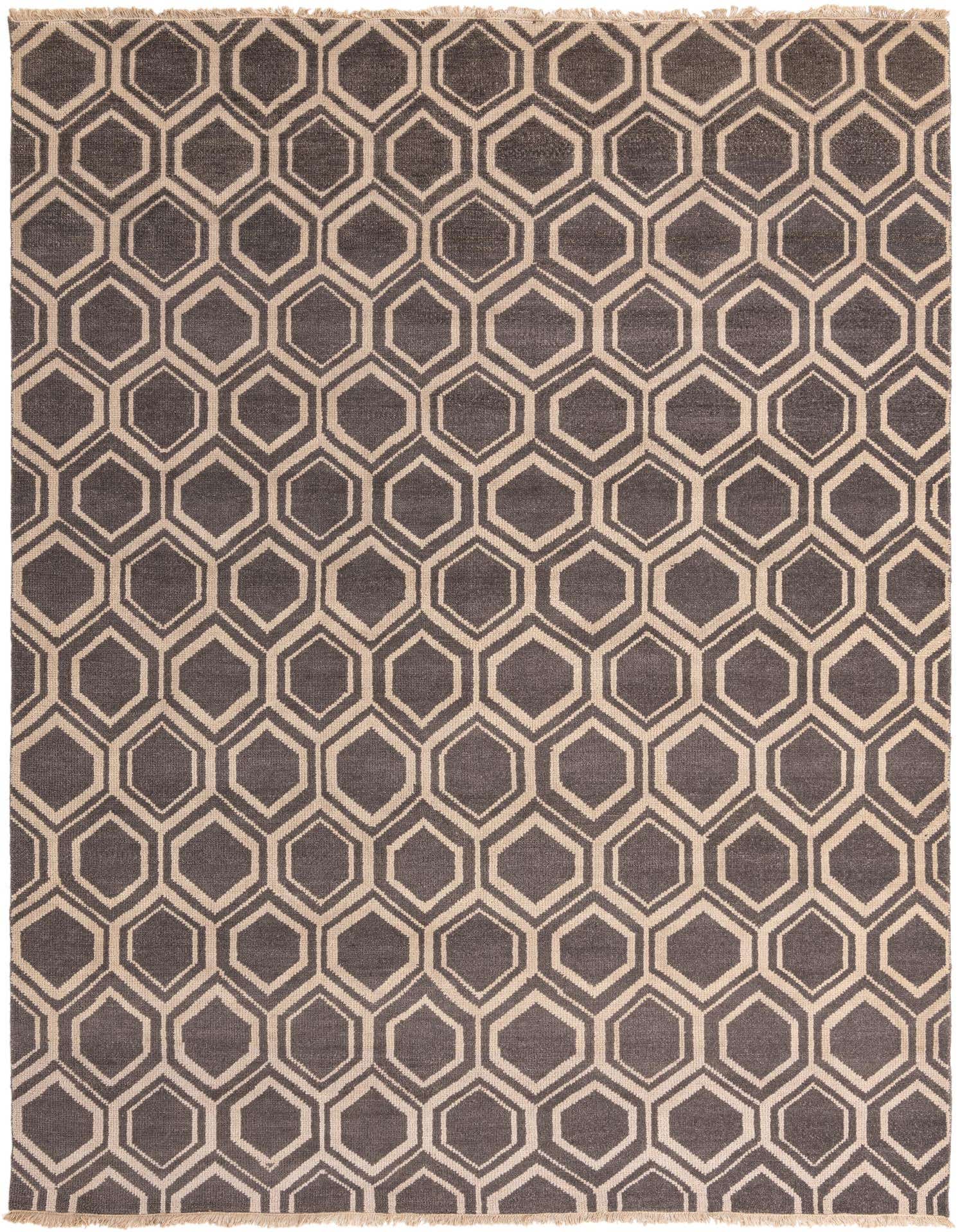 A 9x12 rectangular black wool rug with a repeating modern geometric hexagon pattern in light beige, suitable for a living room.