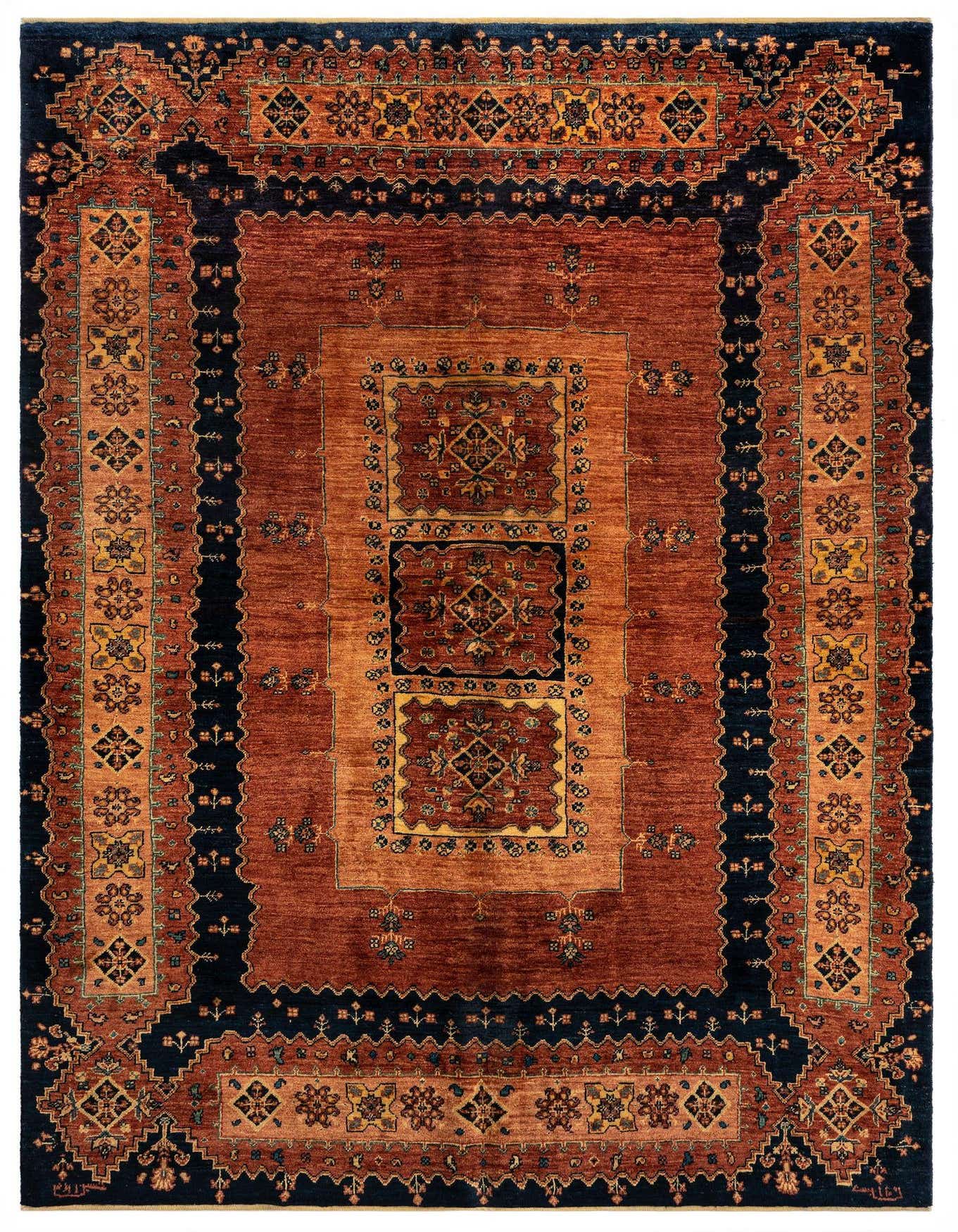 A 5x8 rectangular Persian rug with a rich black border and intricate traditional patterns in shades of rust, gold, and brown.