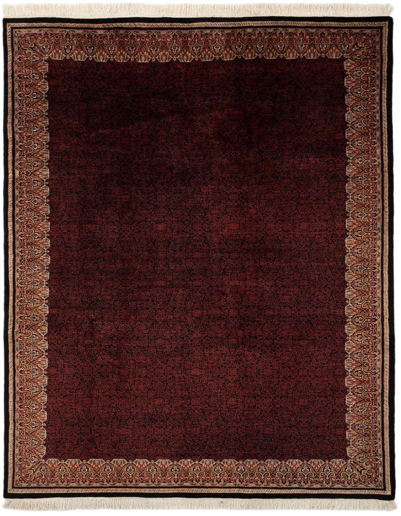 A 7x10 rectangular Mahal rug featuring a deep black field with subtle traditional patterns and an ornate multi-color border.