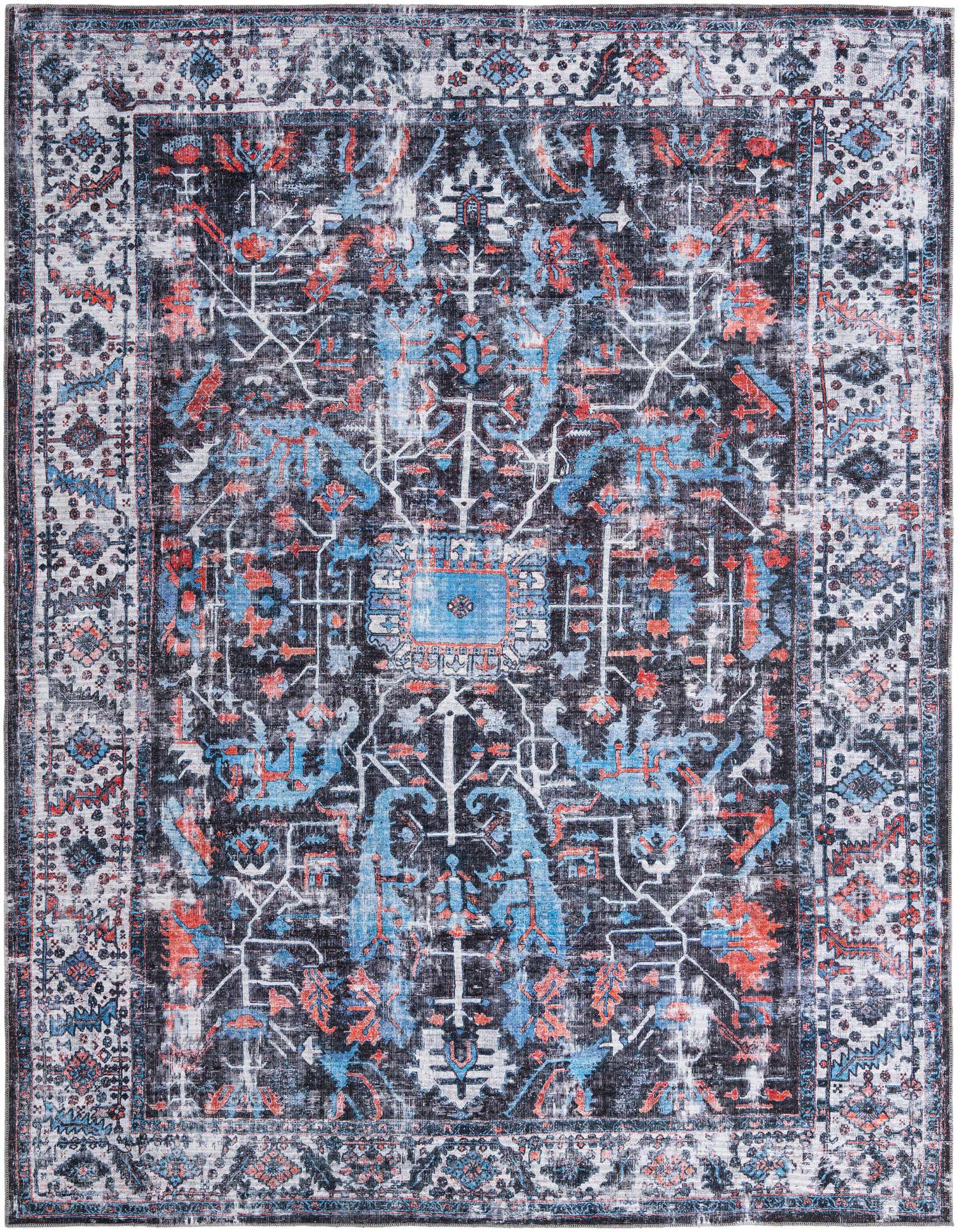 A 10x13 rectangular black Chenille rug with a distressed traditional tribal pattern in shades of blue, red, and white.