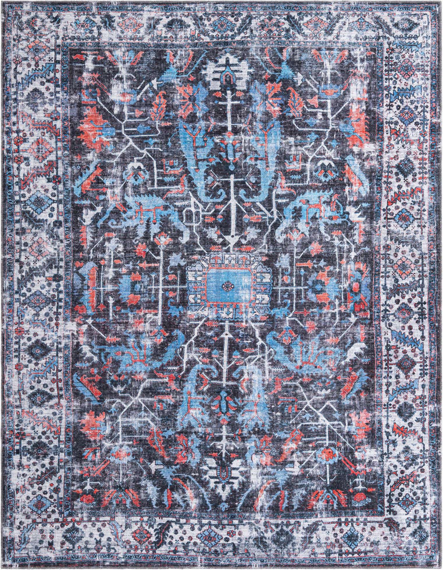 An 8x10 rectangular Mangata rug featuring a distressed traditional pattern in black, blue, and coral tones, with a decorative border.
