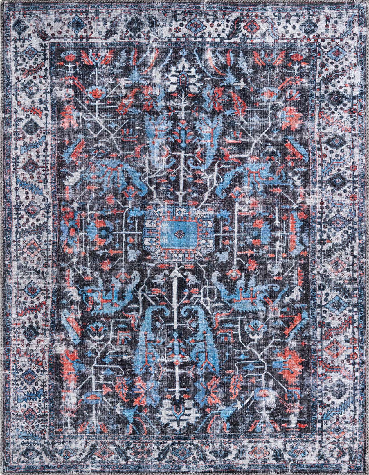 A 5x8 rectangular black area rug with a distressed traditional tribal pattern in shades of blue, orange, and white.