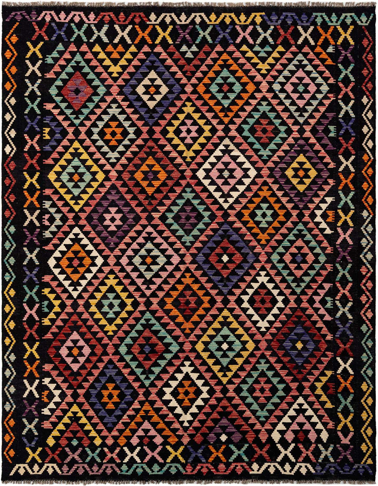 A rectangular handmade Marok Kilim rug with a black background and a vibrant geometric pattern of multicolored diamonds.