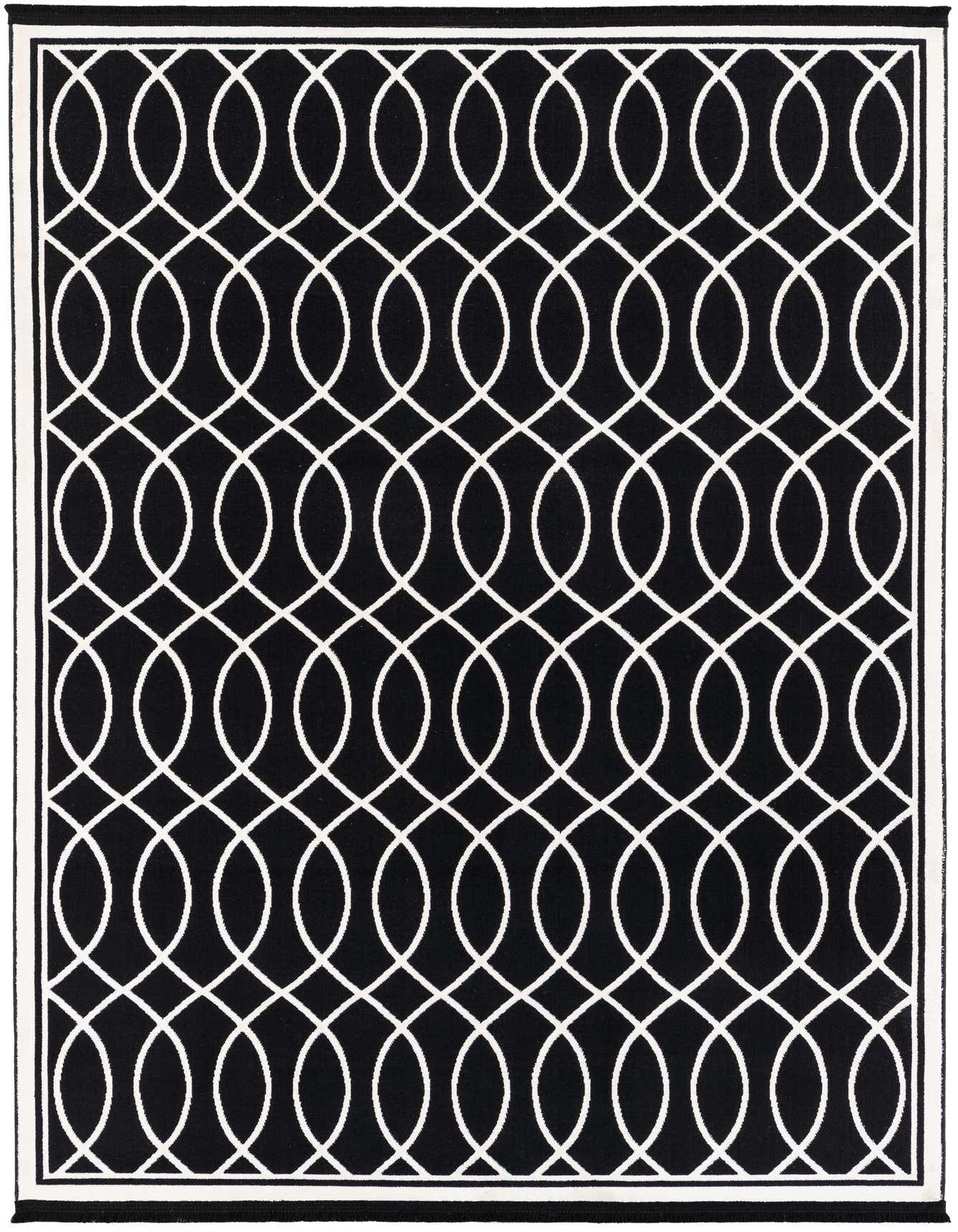 A 5x7 rectangular black area rug with a repeating white modern geometric trellis pattern and a thin white border.