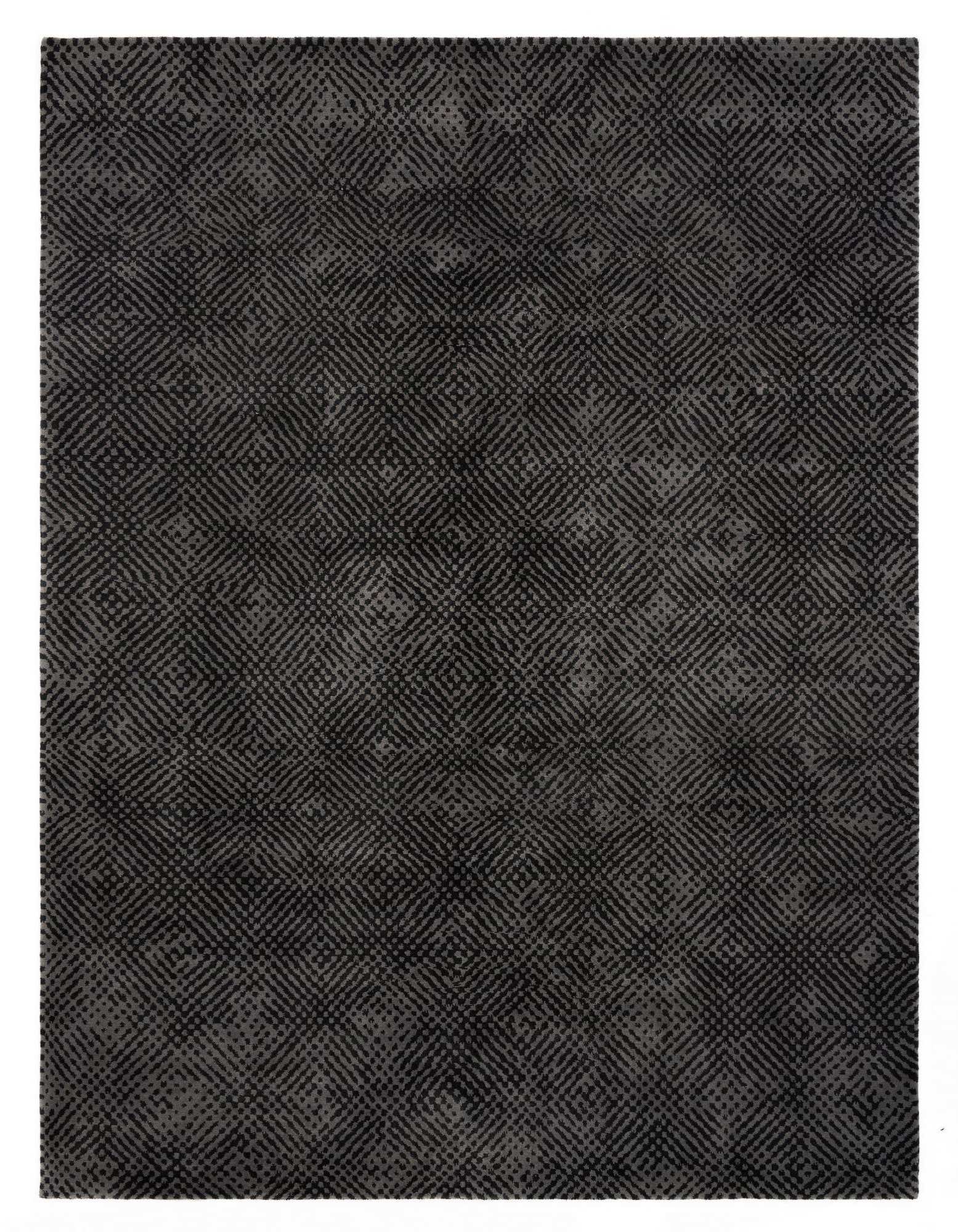 A rectangular 8x10 black wool area rug with a subtle modern Persian geometric pattern, suitable for a living room.
