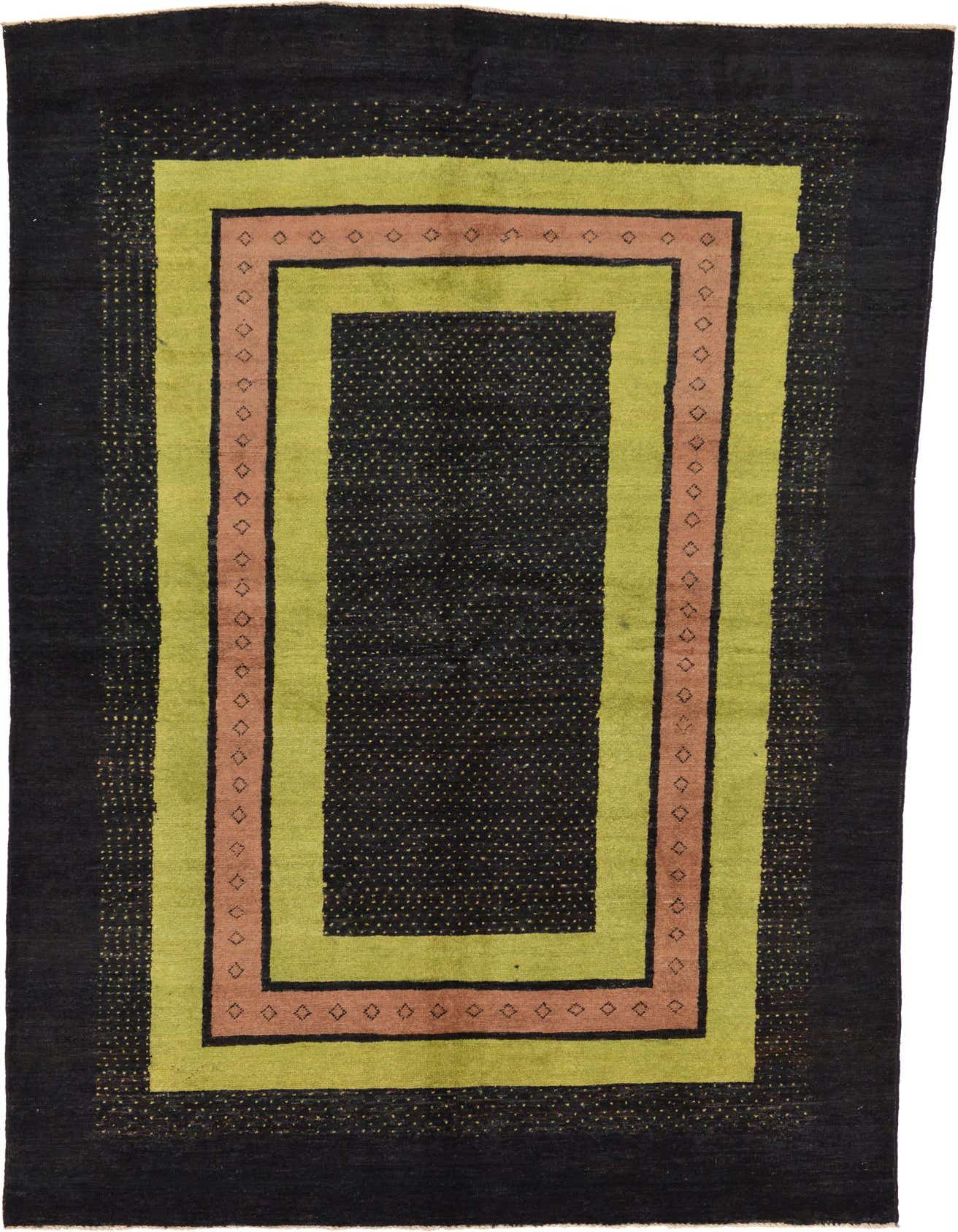 A 5x8 rectangular Modern Ziegler rug featuring a black field with a lime green and rust-colored geometric border.