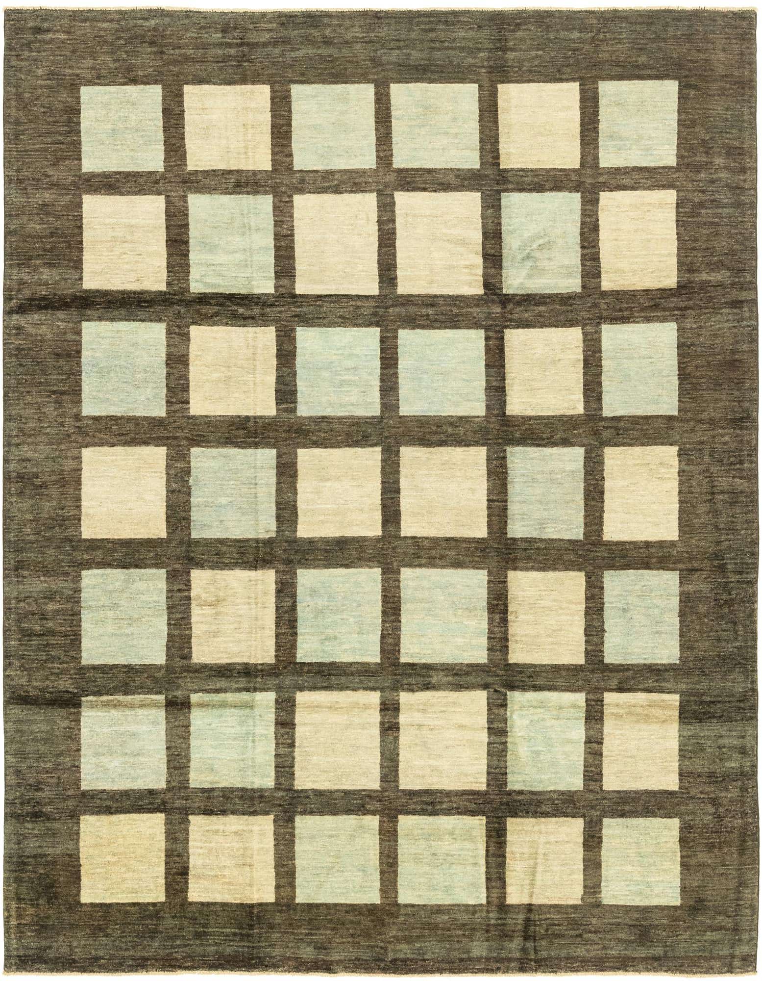 A 9x12 rectangular Modern Ziegler rug with a tribal geometric pattern of black, cream, and light blue squares.