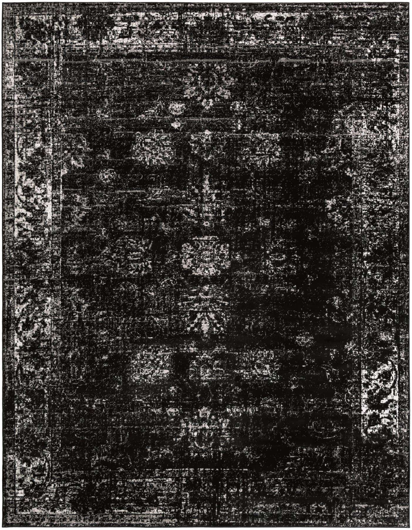 A 10x14 rectangular black area rug with a distressed traditional medallion pattern and a border design.
