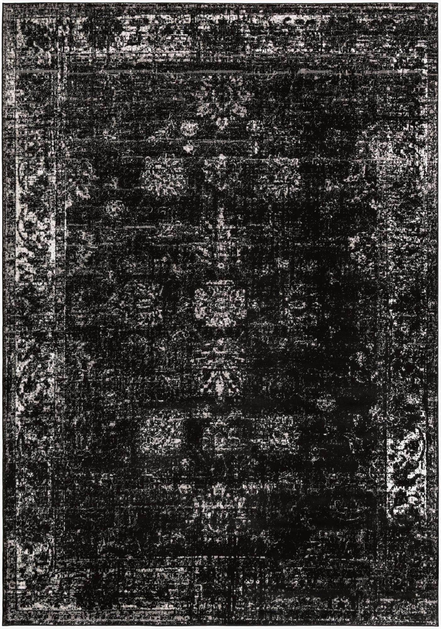 A 10x14 rectangular black area rug with a distressed traditional medallion pattern and a border design.