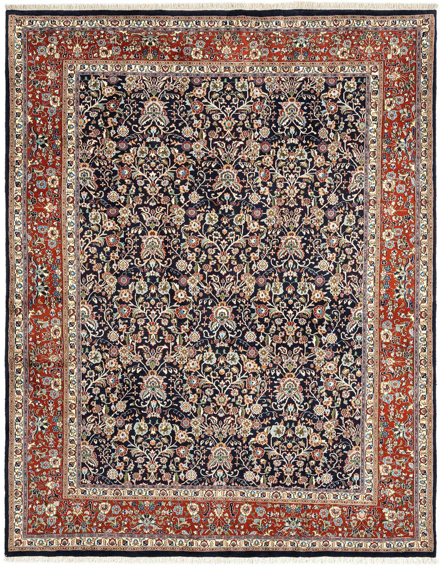 A 7x10 rectangular Mood Persian rug with a black field and intricate floral patterns, framed by a rust-red border.