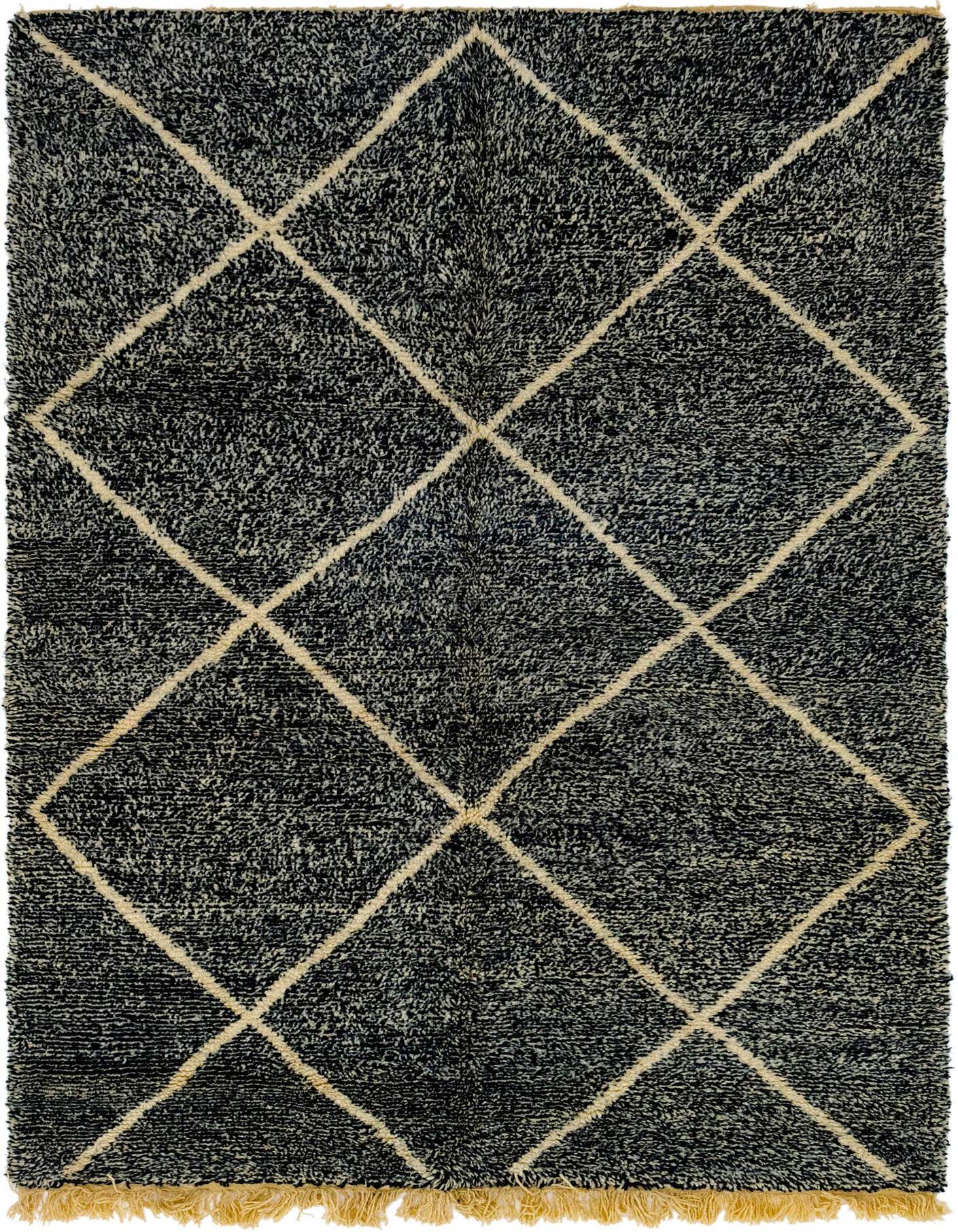 A rectangular 7x10 black shag rug with a cream diamond pattern and fringed edges, suitable for a living room.