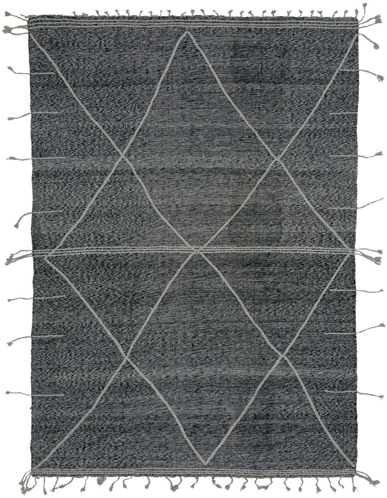 A rectangular 8x12 black wool shag rug with a light gray tribal diamond pattern and fringed edges.