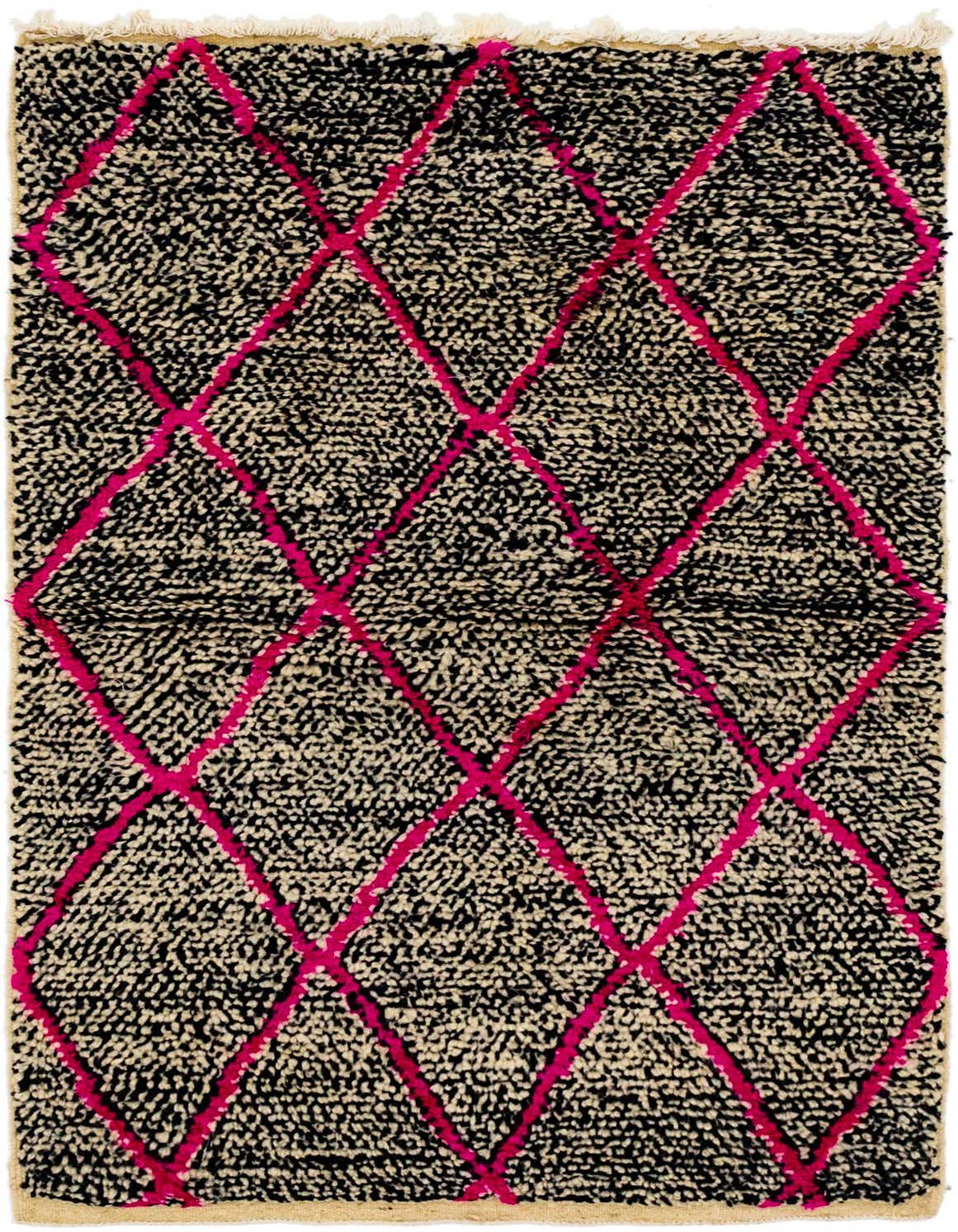 A 3x5 rectangular black shag rug with a bold, bright pink tribal diamond pattern, handmade from wool.