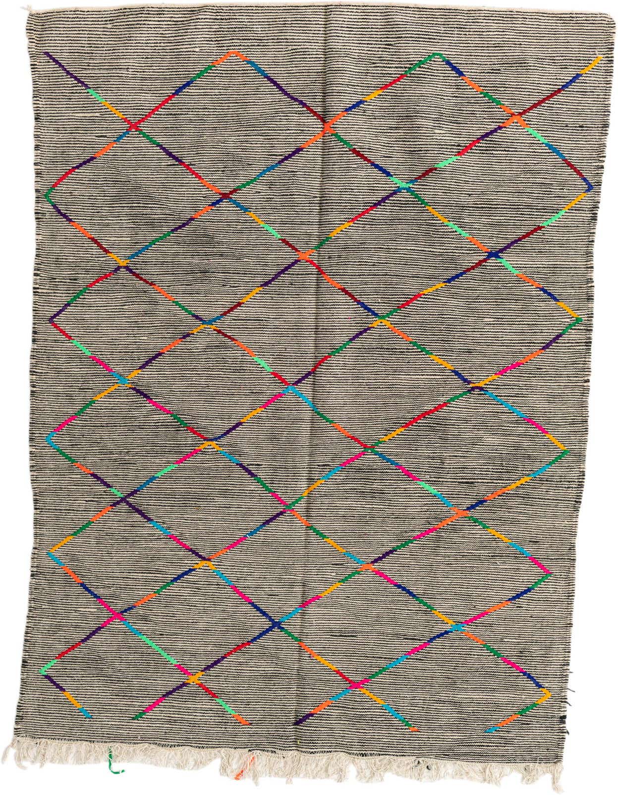 A 5x8 rectangular black Moroccan shag rug with a vibrant, colorful diamond tribal pattern, perfect for a modern living room.