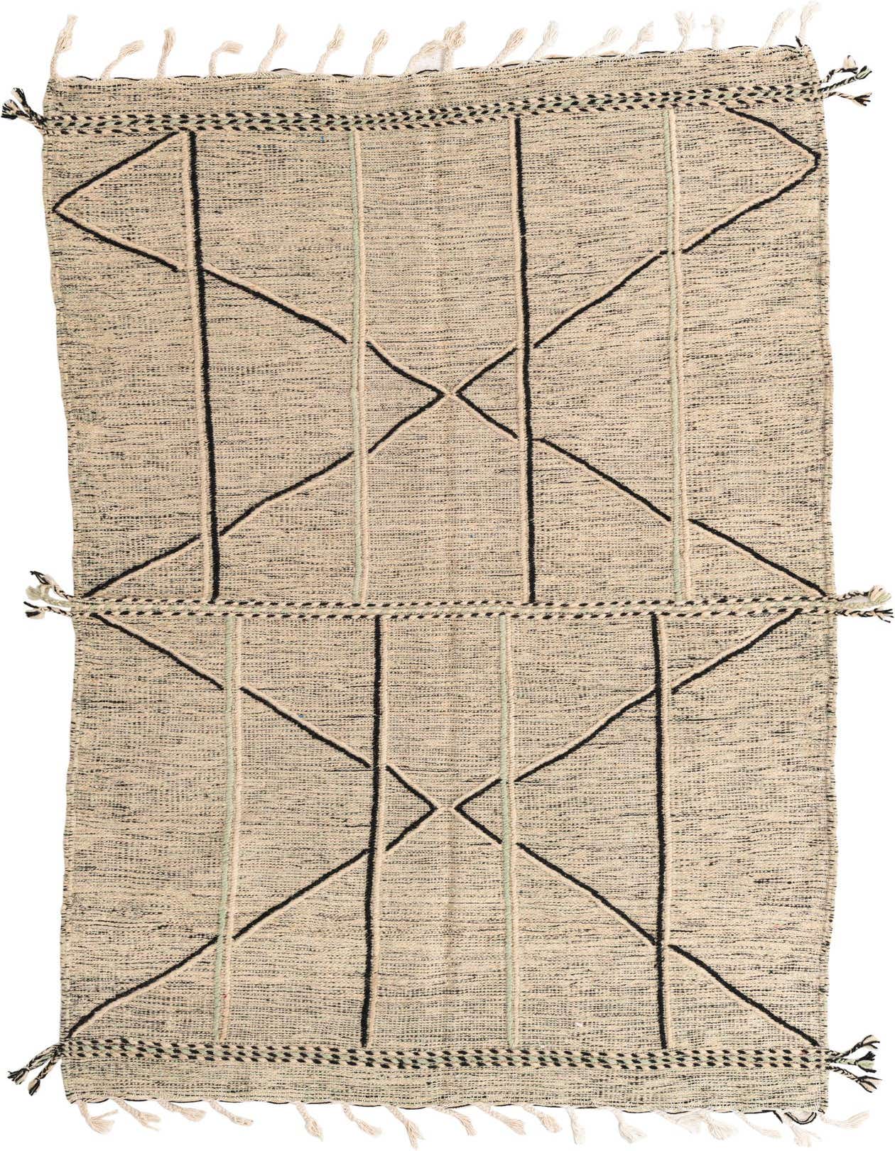 A 5x8 rectangular black and off-white Moroccan tribal shag rug with geometric patterns and tassels.