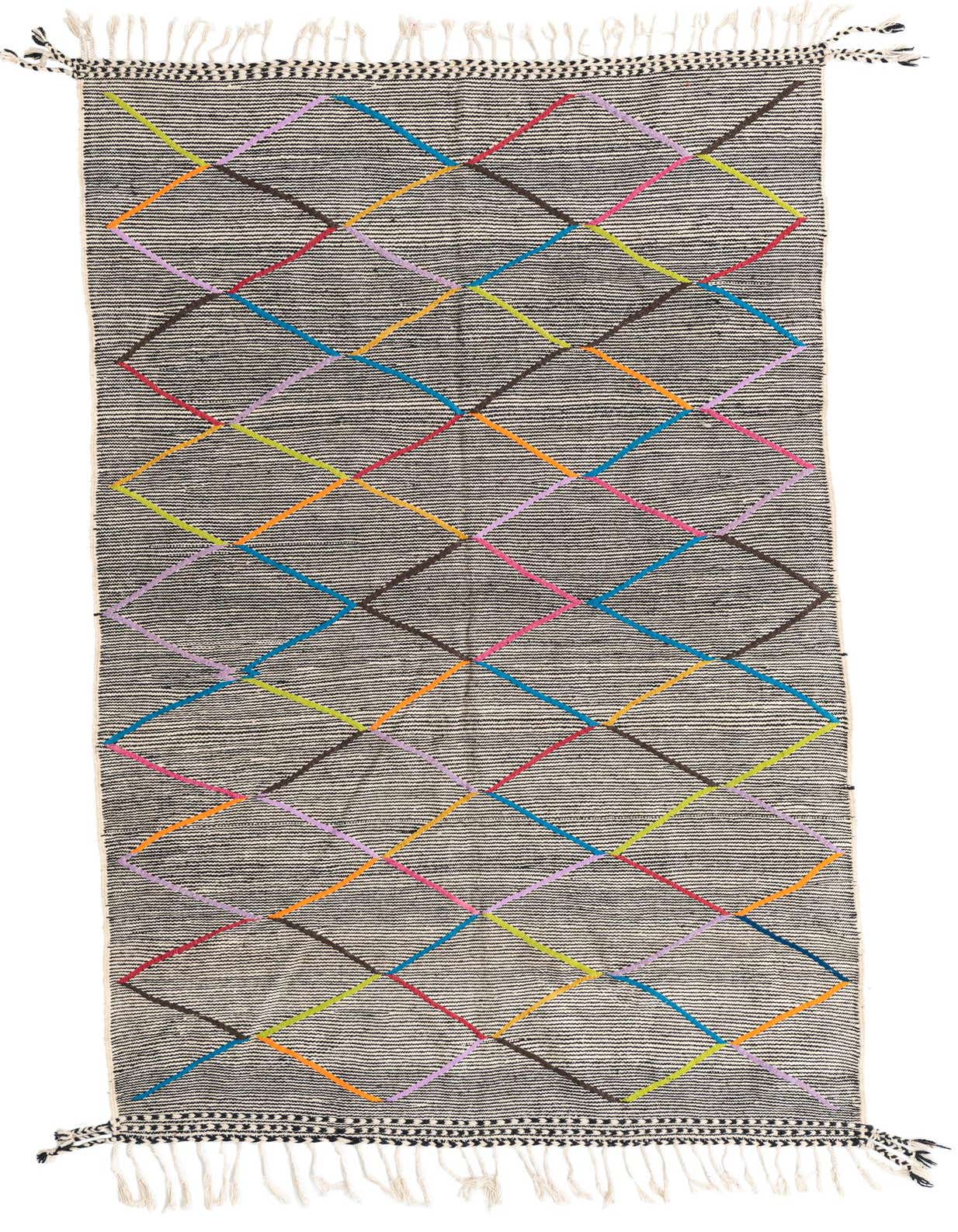 A 5x8 rectangular black and white Moroccan shag rug with a colorful tribal diamond pattern and fringe.