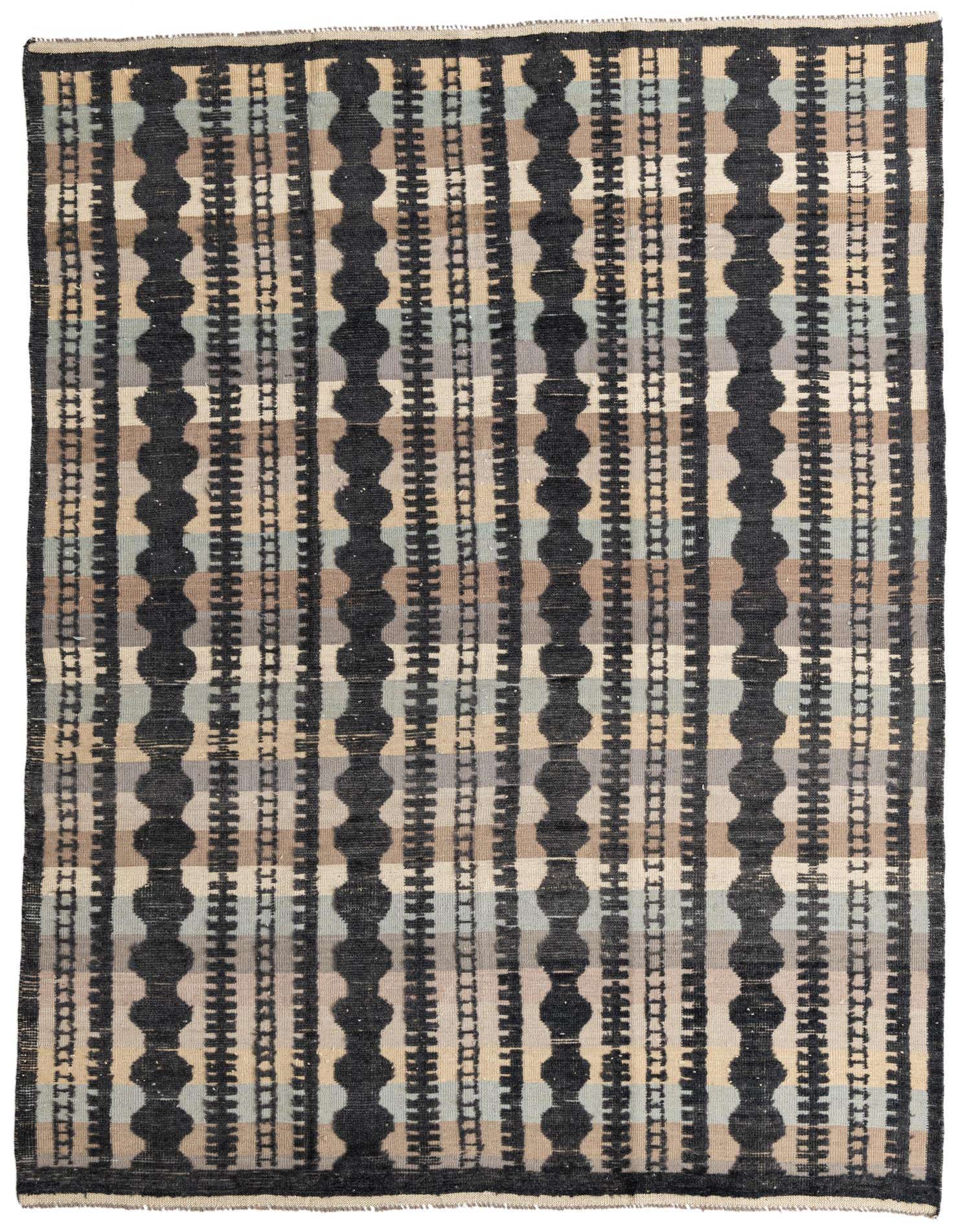 A rectangular 8x10 black tribal shag rug with alternating vertical stripes of black, beige, and light blue, suitable for a living room.
