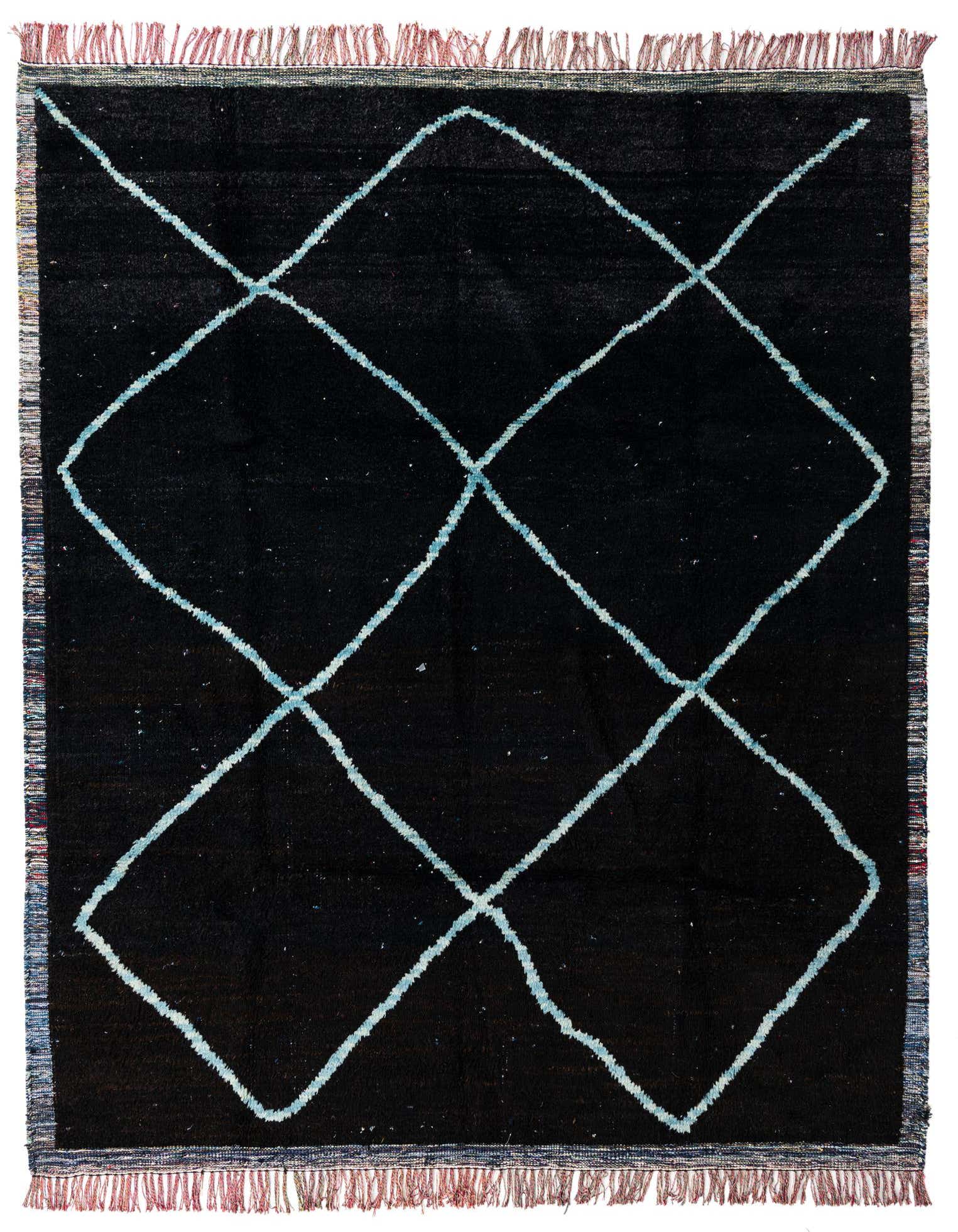 A rectangular 8x10 black shag rug with a light blue diamond lattice pattern and fringed edges.