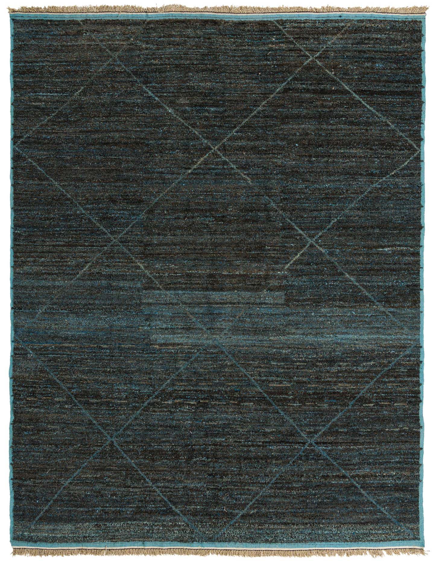 A 9x12 rectangular black wool shag rug with subtle blue tribal diamond patterns and light blue border.