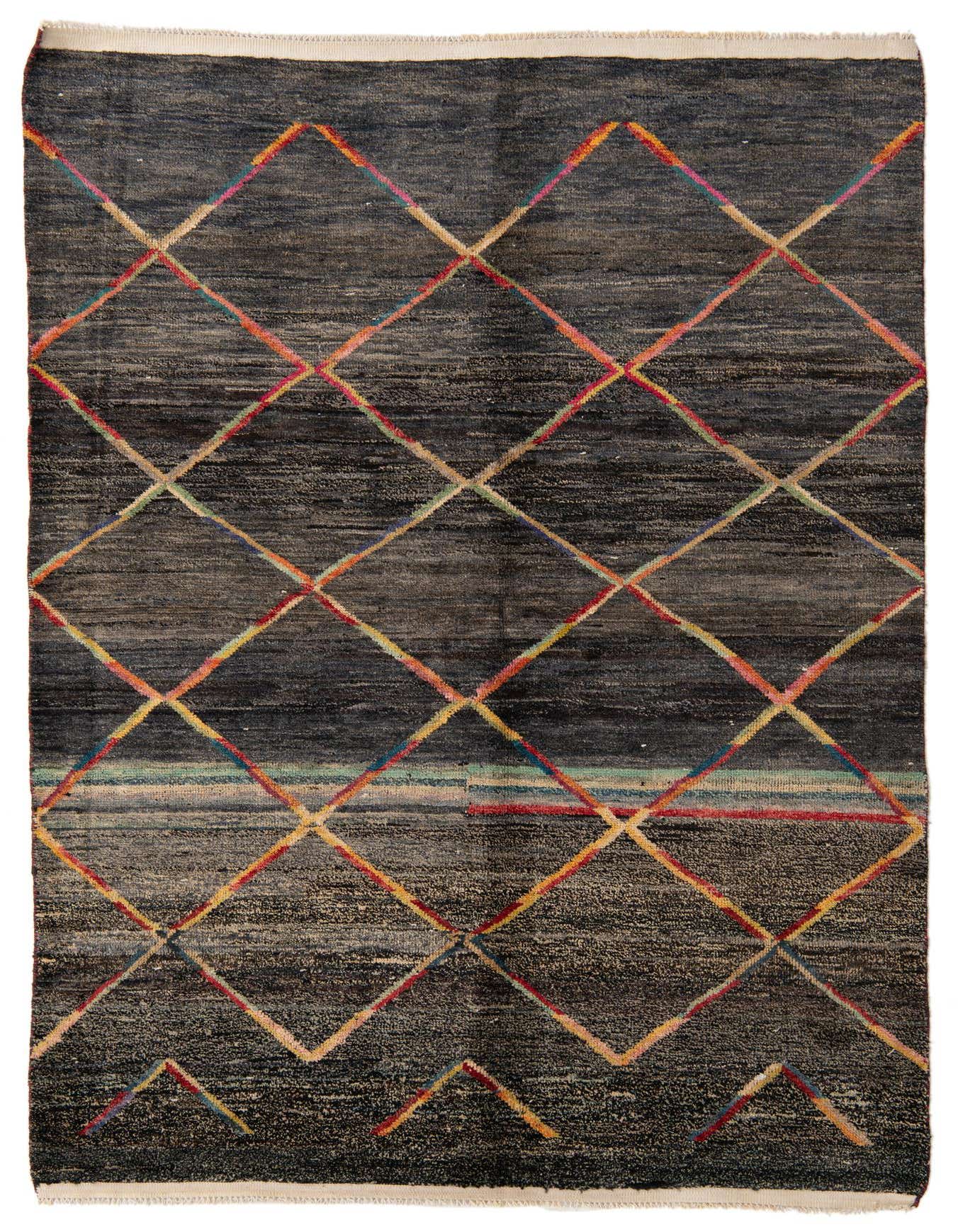 A 5x8 rectangular black Moroccan shag rug with a vibrant, colorful tribal diamond pattern, ideal for a living room.