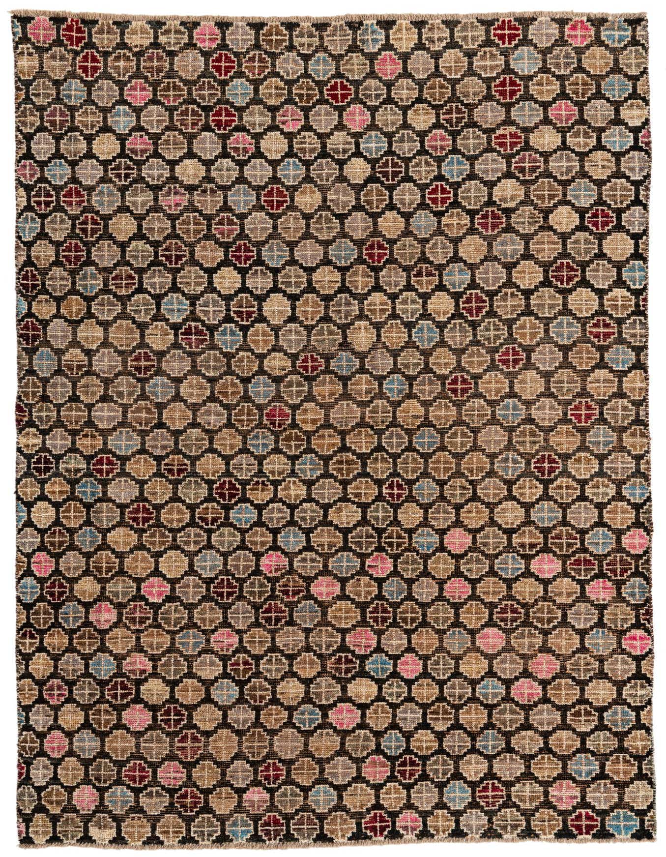 A 6x9 rectangular Moroccan shag rug with a black background featuring a repeating tribal geometric pattern in muted tones of brown, beige, pink, red, and blue.