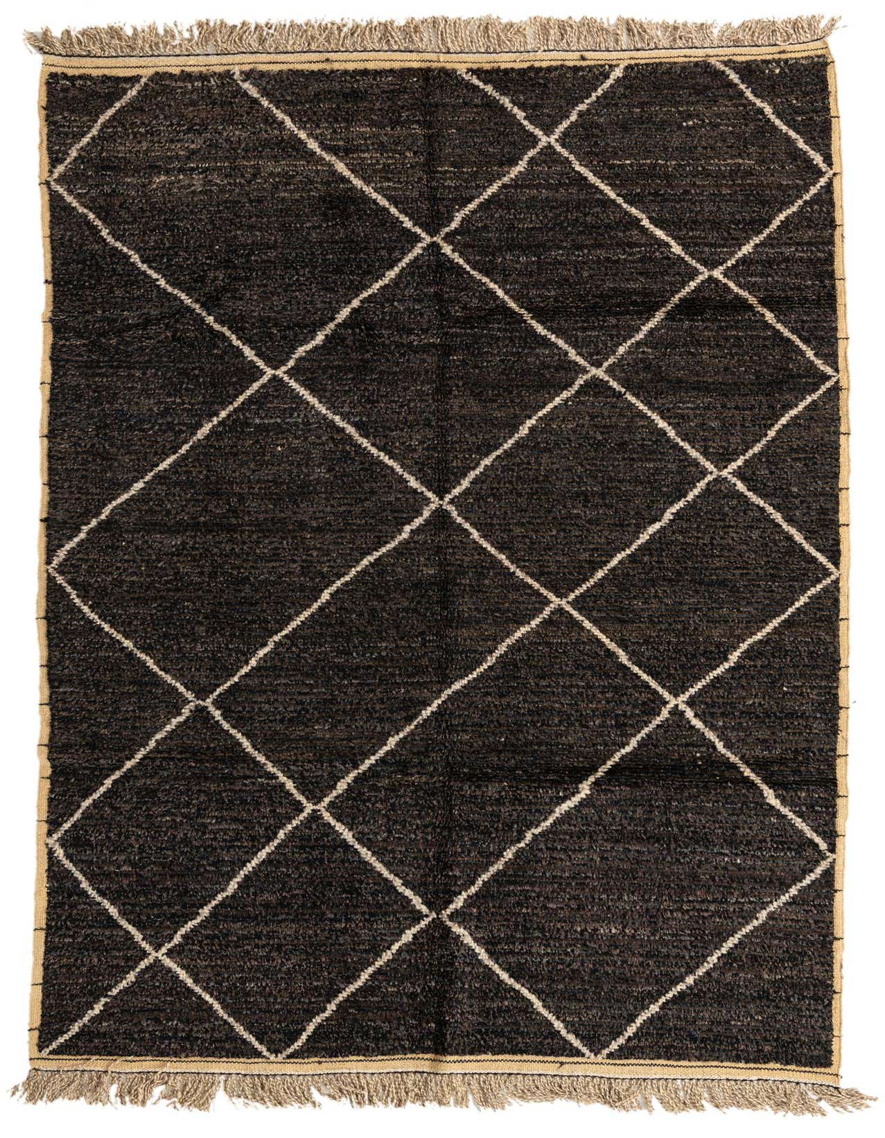 A 6x9 rectangular black shag rug with a white diamond trellis pattern and fringed ends, suitable for a living room.