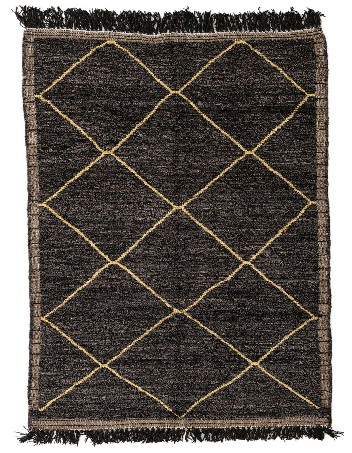 A rectangular 5x8 black shag rug with a yellow diamond trellis pattern and black fringe on a white background.