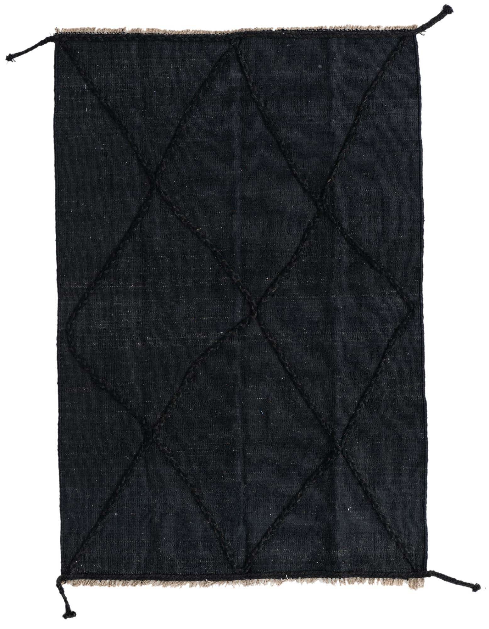 A 3x5 rectangular black wool shag rug with a raised tribal diamond pattern and braided tassels.
