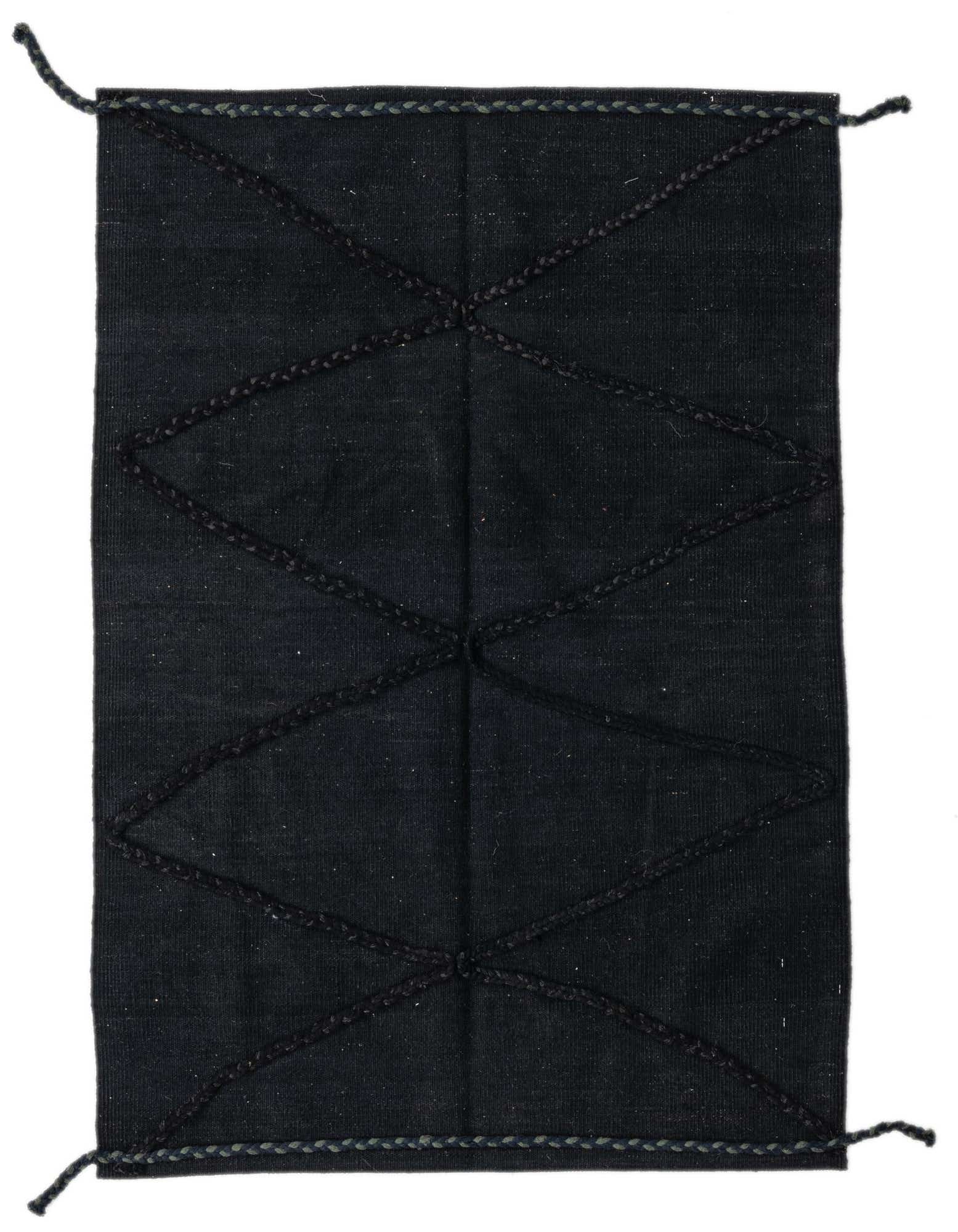 A 3x5 rectangular black wool shag rug featuring a modern tribal pattern of braided lines forming diamonds.