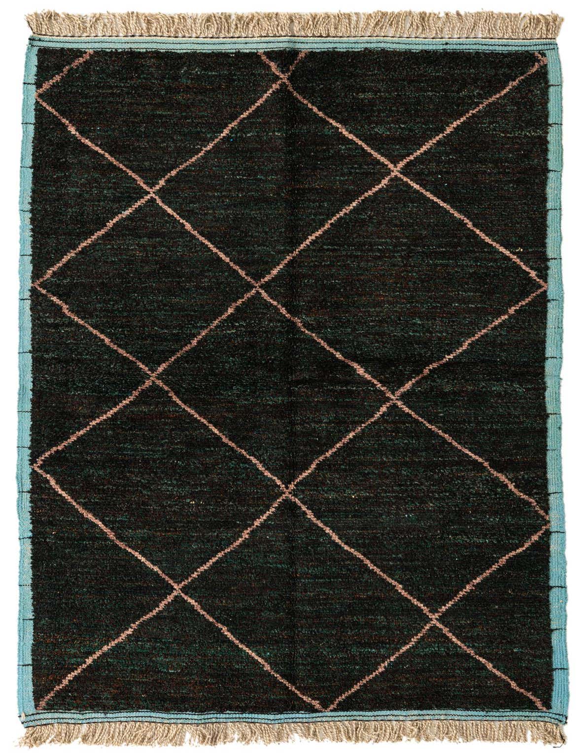 A 5x8 rectangular black shag rug with a diamond pattern in light brown and turquoise borders, suitable for a living room.