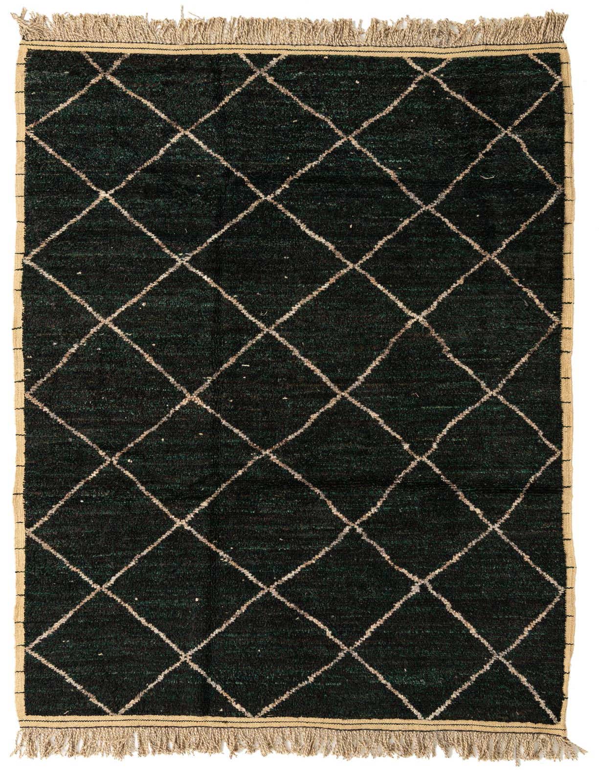A 6x9 rectangular black shag rug with a cream diamond trellis pattern and fringed ends, suitable for a living room.
