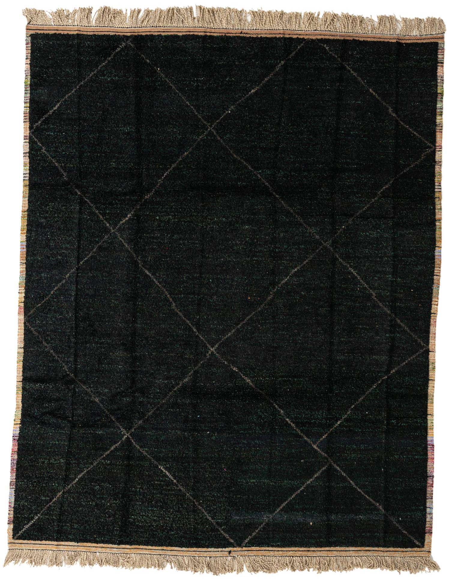 An 8x11 rectangular black shag rug with a subtle diamond pattern and fringed edges, suitable for a living room.