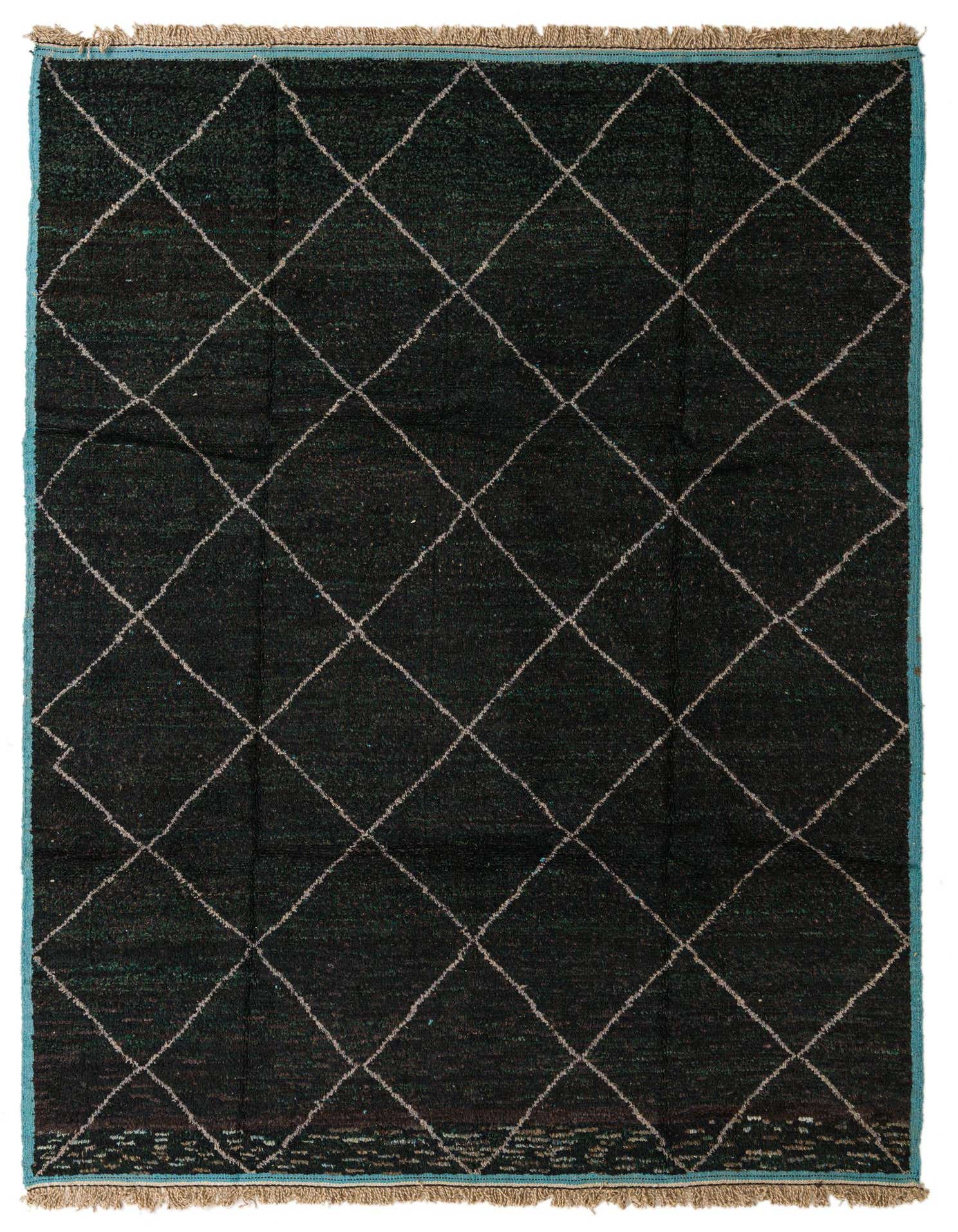 A rectangular 8x11 black shag rug with a white diamond trellis pattern and a light blue border.