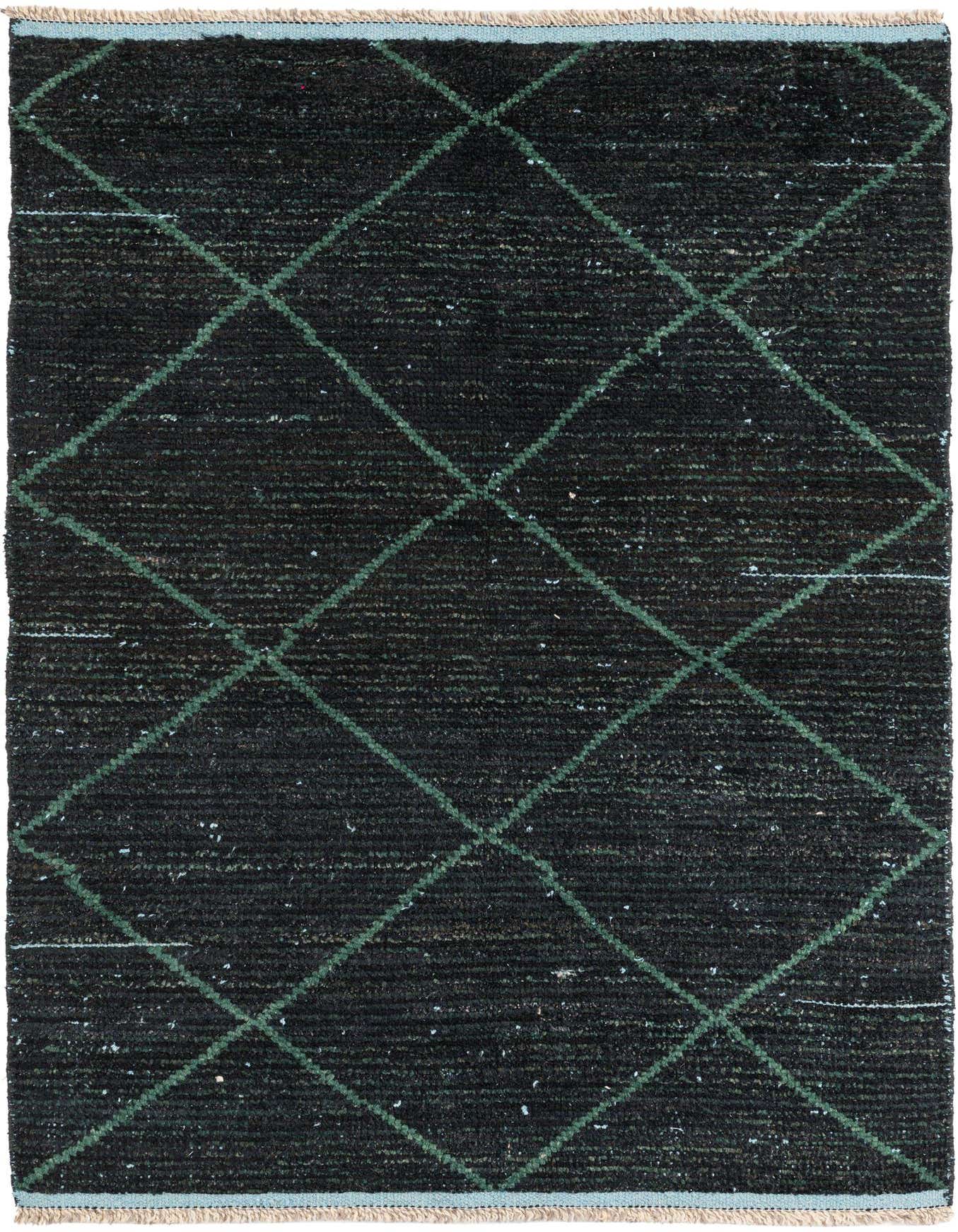 A 4x6 rectangular black shag rug with a green tribal diamond pattern, ideal for a living room or bedroom.