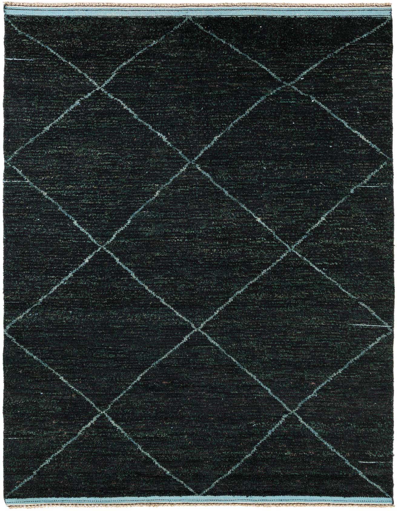 A 6x9 rectangular black shag rug with a subtle light blue tribal diamond pattern, ideal for a living room.