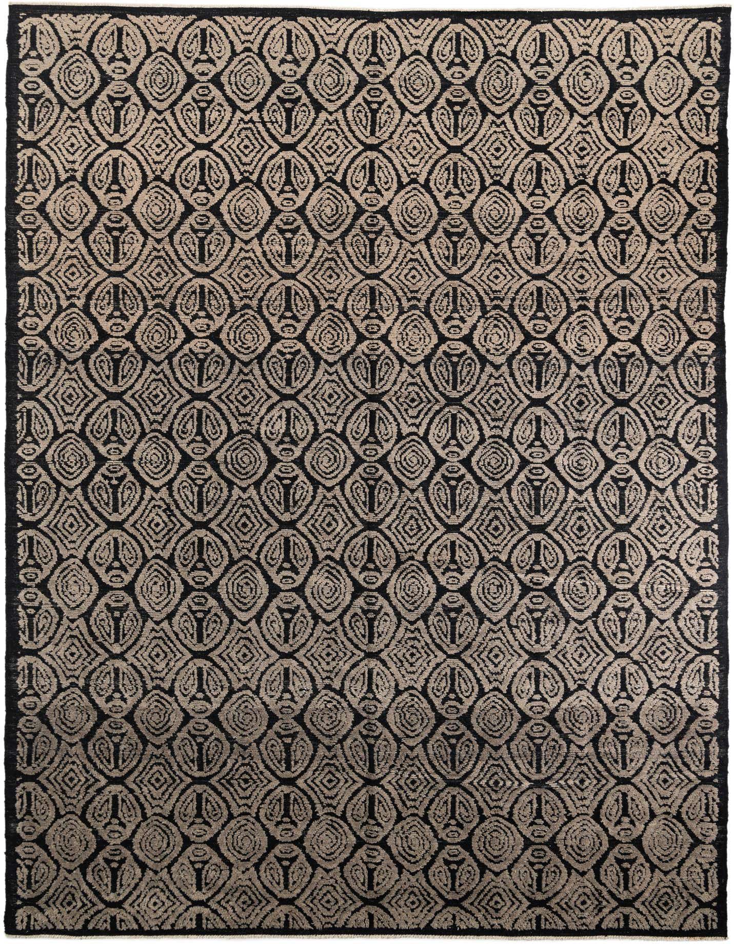 A 10x14 rectangular black wool shag rug with a repeating tribal and modern pattern in a lighter contrasting tone.