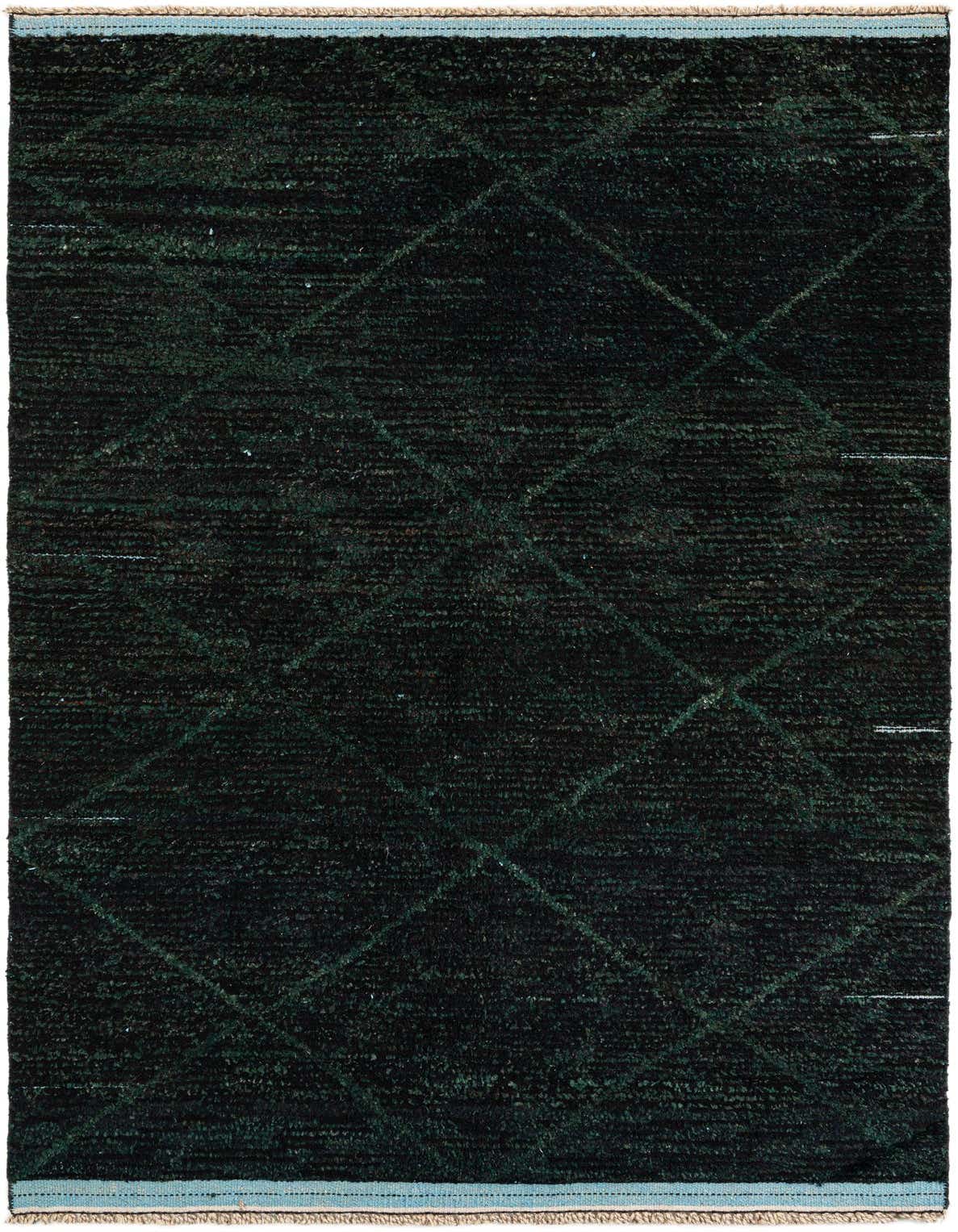 A 5x8 rectangular black shag rug with subtle dark green tribal diamond patterns, suitable for a modern living room.