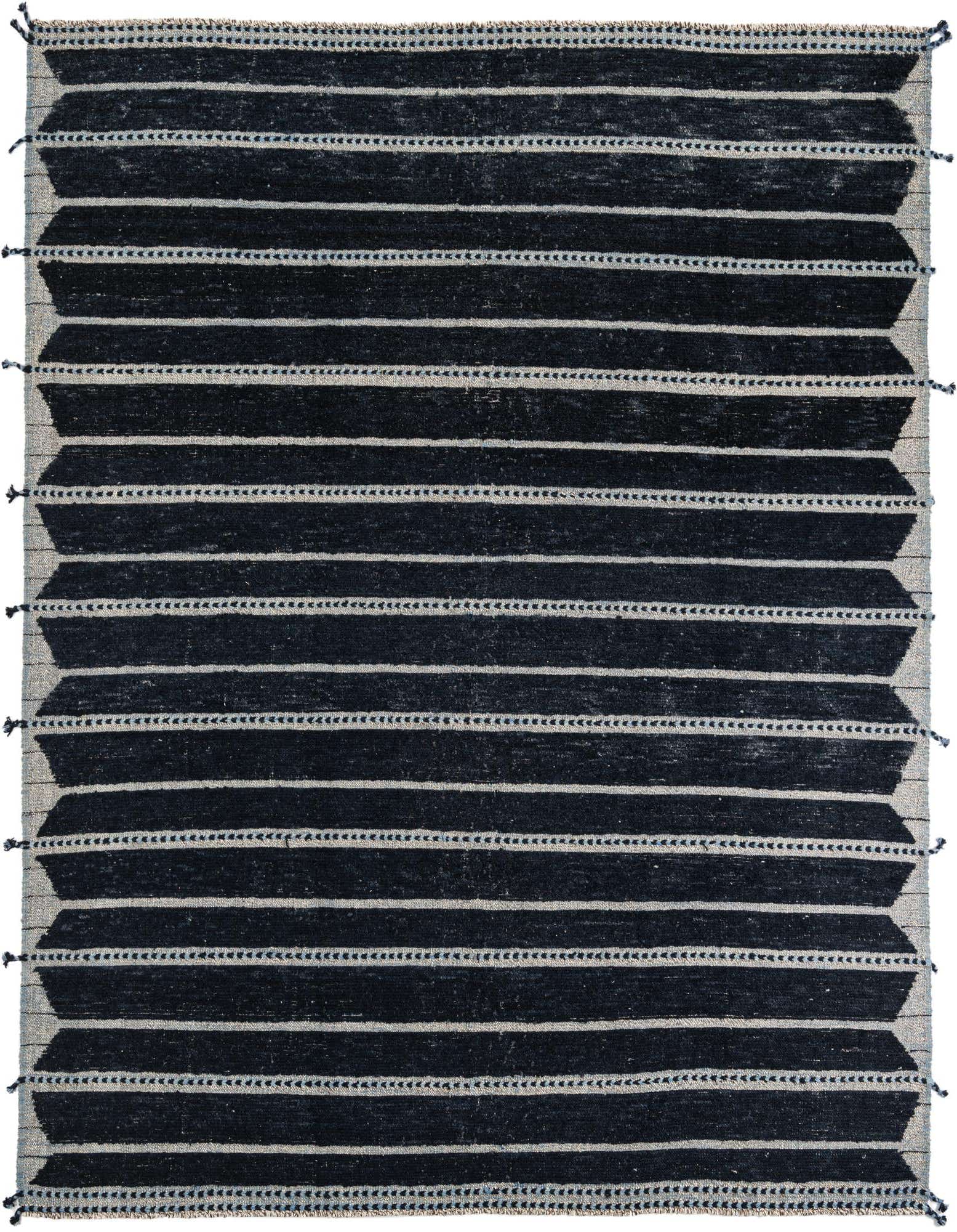 An 8x10 rectangular black wool shag rug with horizontal light gray stripes and tribal patterns.