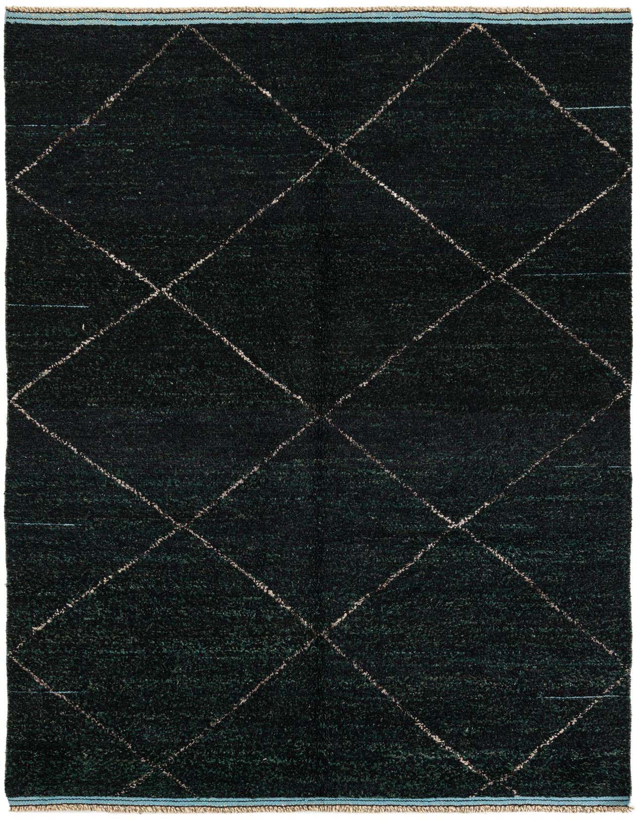 A 6x9 rectangular black shag rug with a subtle tribal diamond pattern, ideal for a living room or bedroom.