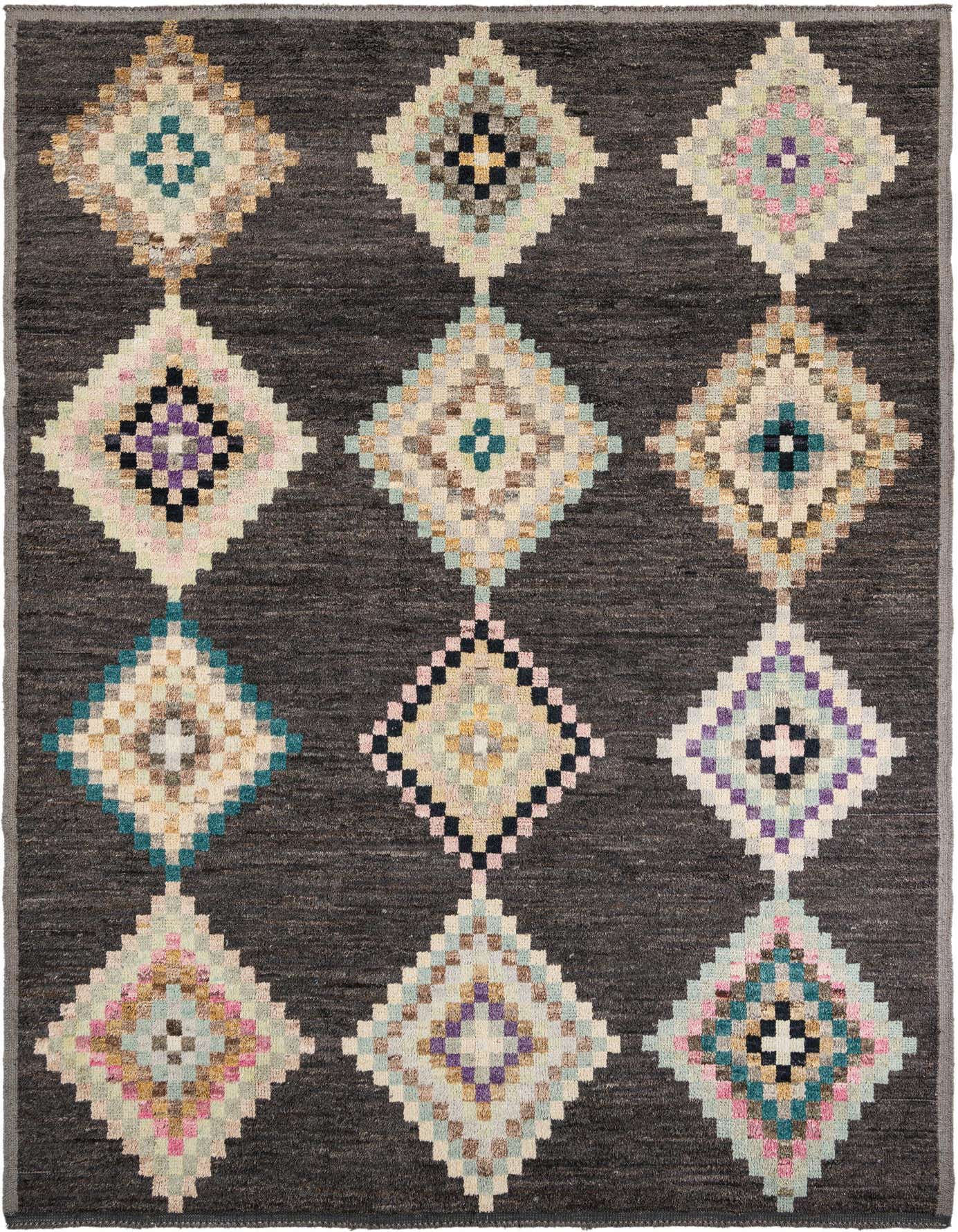 A 9x12 rectangular black wool shag rug with a tribal pattern of colorful diamond motifs in blues, pinks, purples, and neutrals.