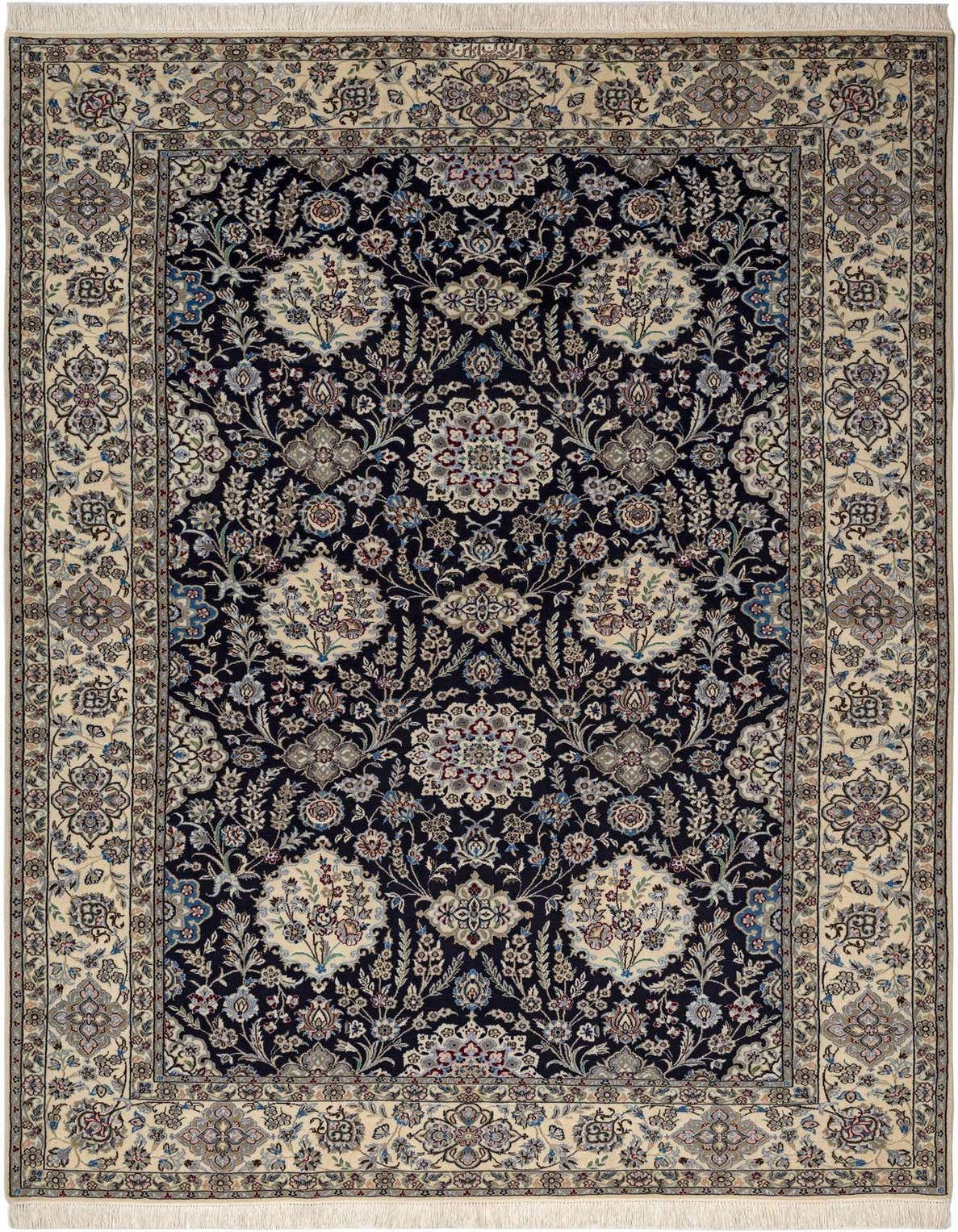 A 5x8 rectangular black and cream rug with an intricate traditional floral pattern and decorative border, suitable for a living room.