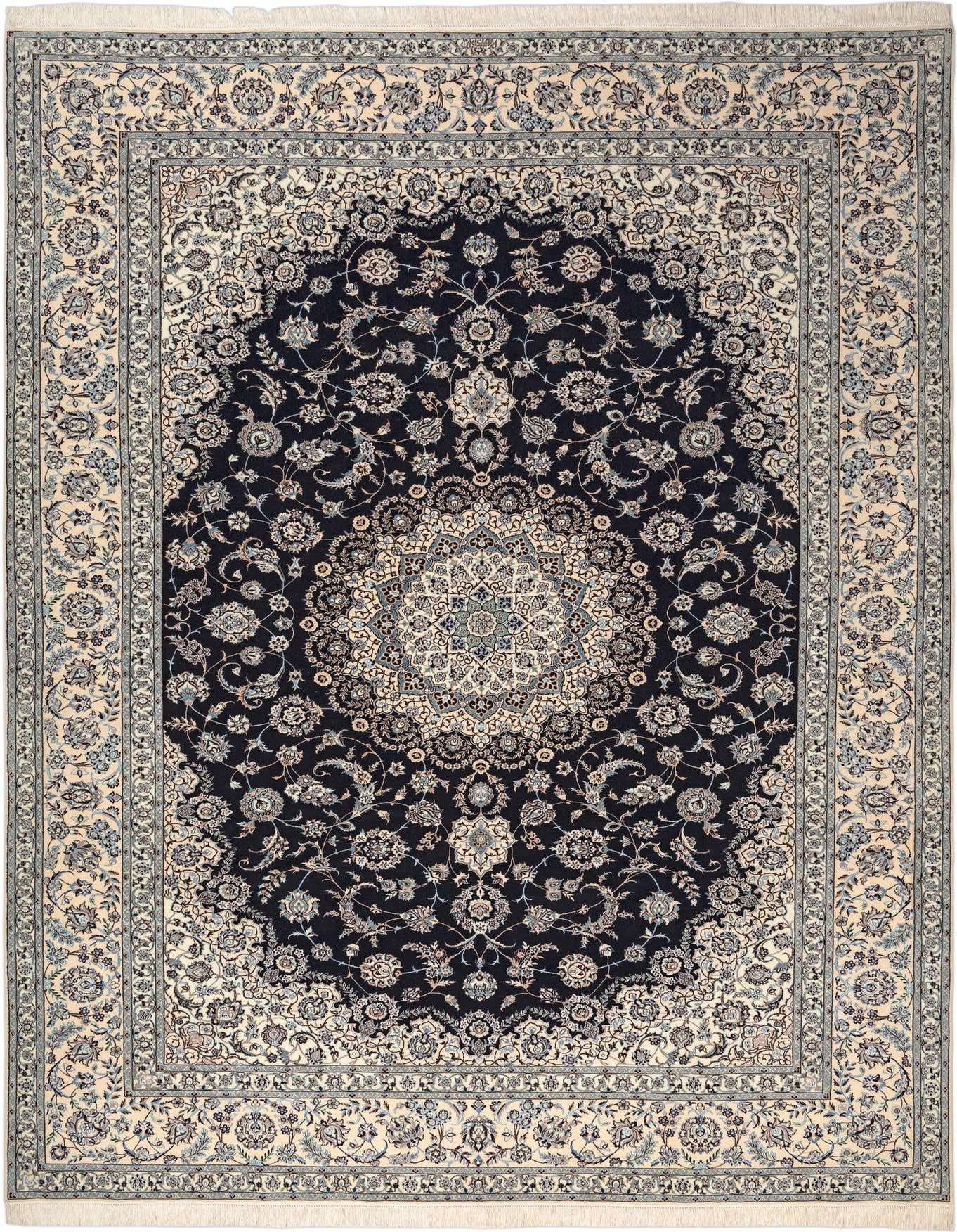 A 9x12 rectangular black and cream border rug with an intricate traditional floral medallion pattern, suitable for a living room.