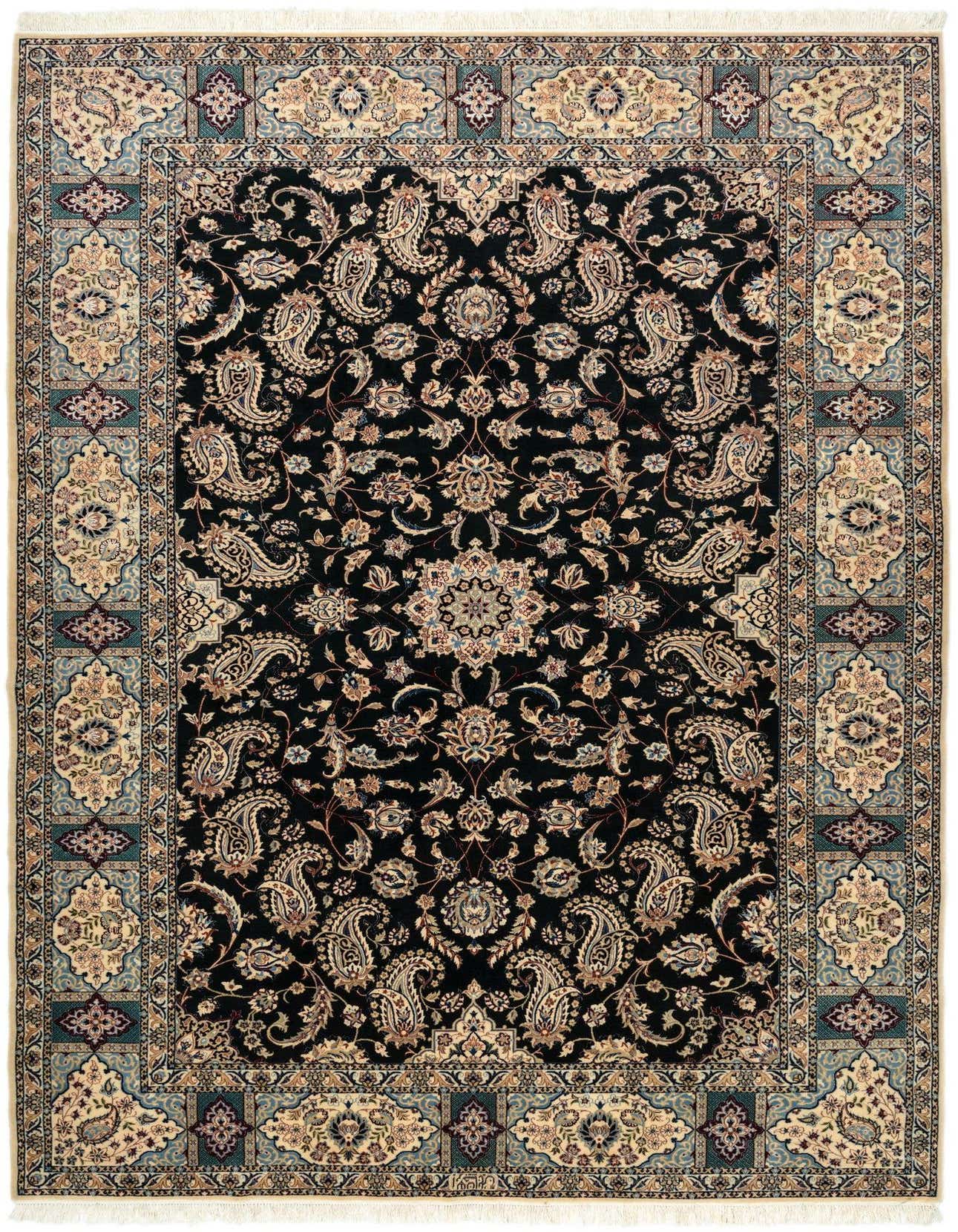 A 7x10 rectangular black Persian rug with an intricate beige and blue floral and paisley pattern, featuring a central medallion and ornate border.