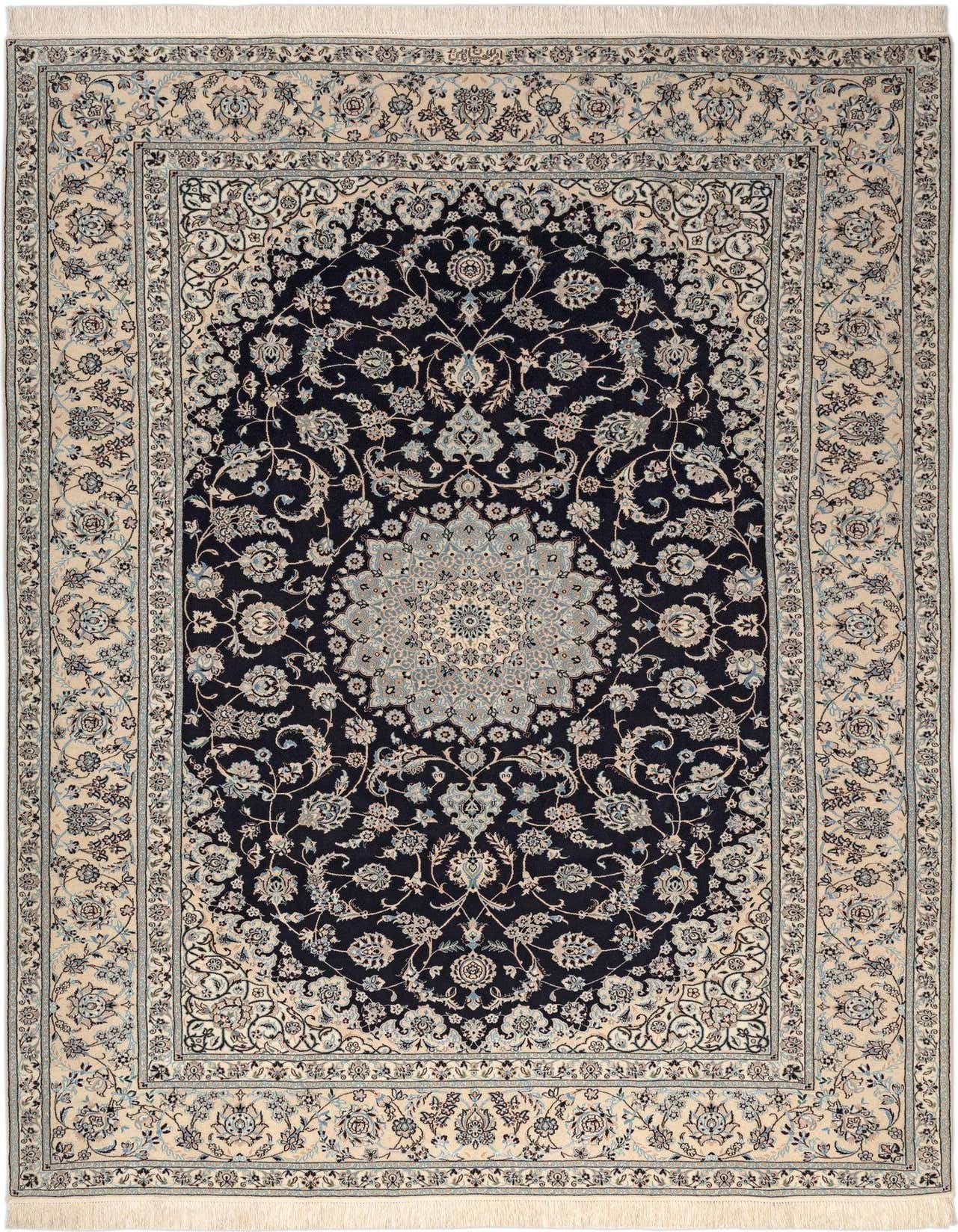 A 7x10 rectangular black Persian rug with an intricate cream and light blue floral medallion pattern and border.
