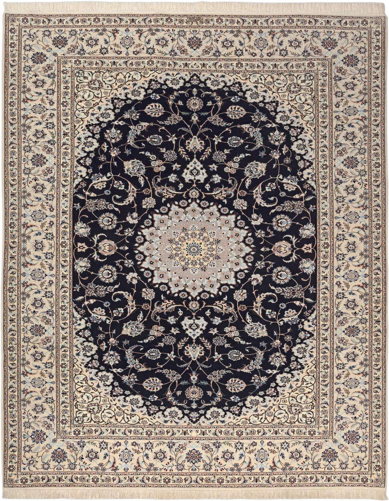 A 7x10 rectangular Persian rug with a black field and an ornate cream border, featuring a detailed floral medallion.