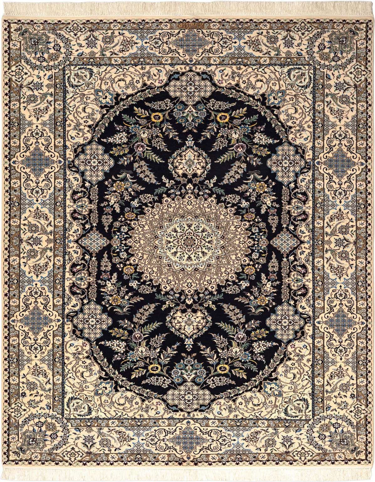 A 5x8 rectangular black Persian rug with an intricate cream and blue floral medallion pattern, handmade from wool and silk.