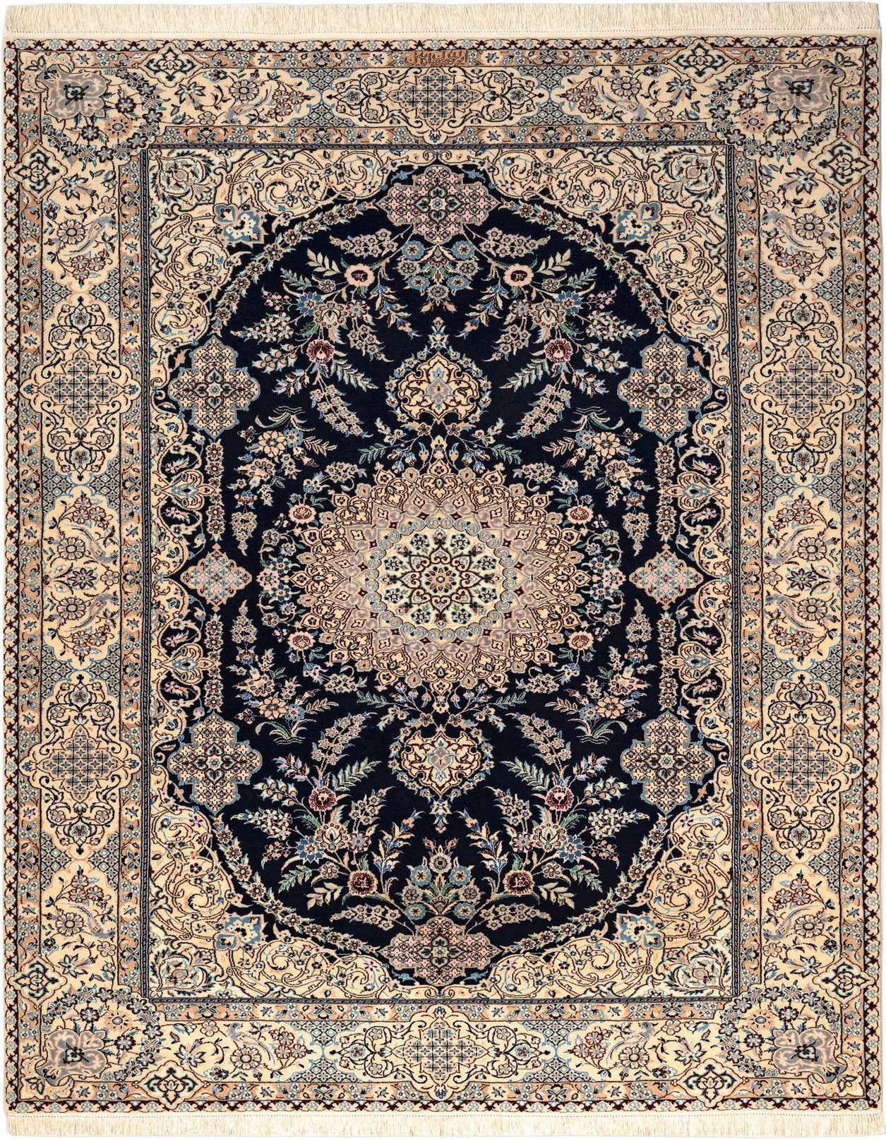 A 5x8 rectangular black Persian rug with an intricate floral medallion pattern in cream, blue, and pink, suitable for a living room.