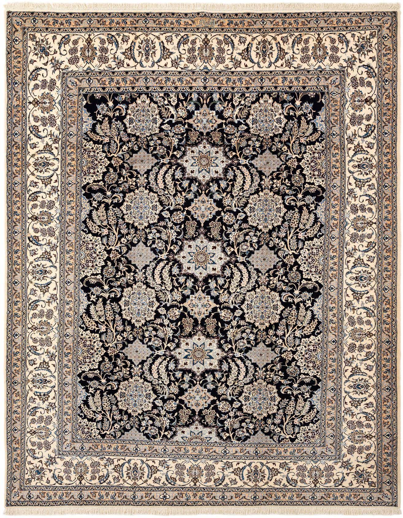 A handmade rectangular Persian rug featuring a black field with intricate floral and medallion patterns in cream and light blue, bordered by a cream frame.