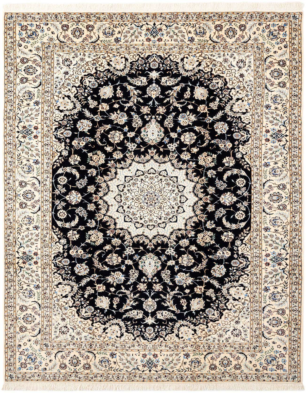 A handmade rectangular Persian rug featuring an intricate black and ivory floral medallion pattern with a detailed border.